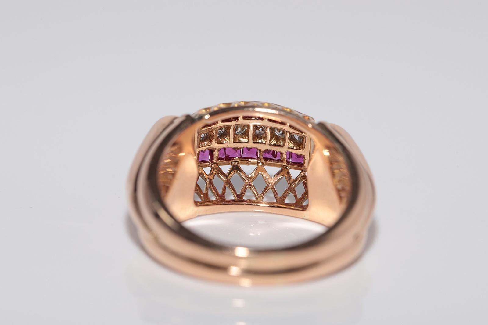 Bague débardeur ancienne des années 1930 en or 18 carats, diamant naturel et rubis taille baguette en vente 1