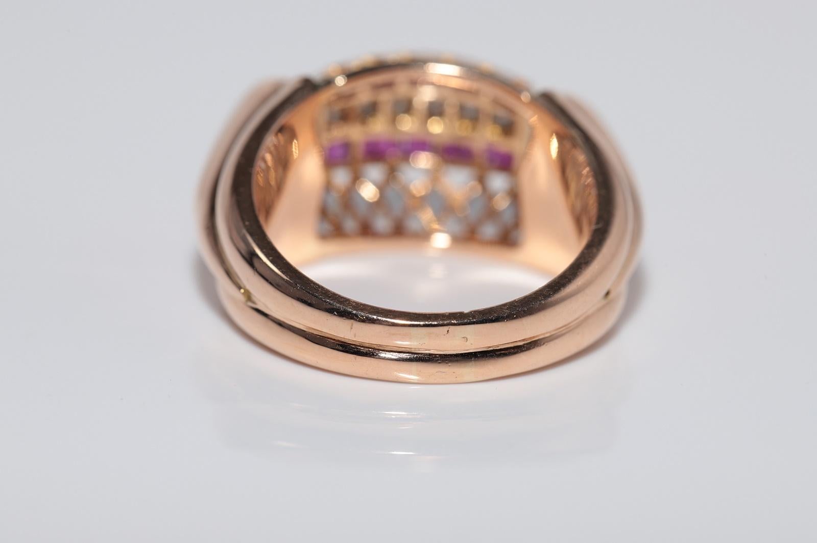 Bague débardeur ancienne des années 1930 en or 18 carats, diamant naturel et rubis taille baguette en vente 2