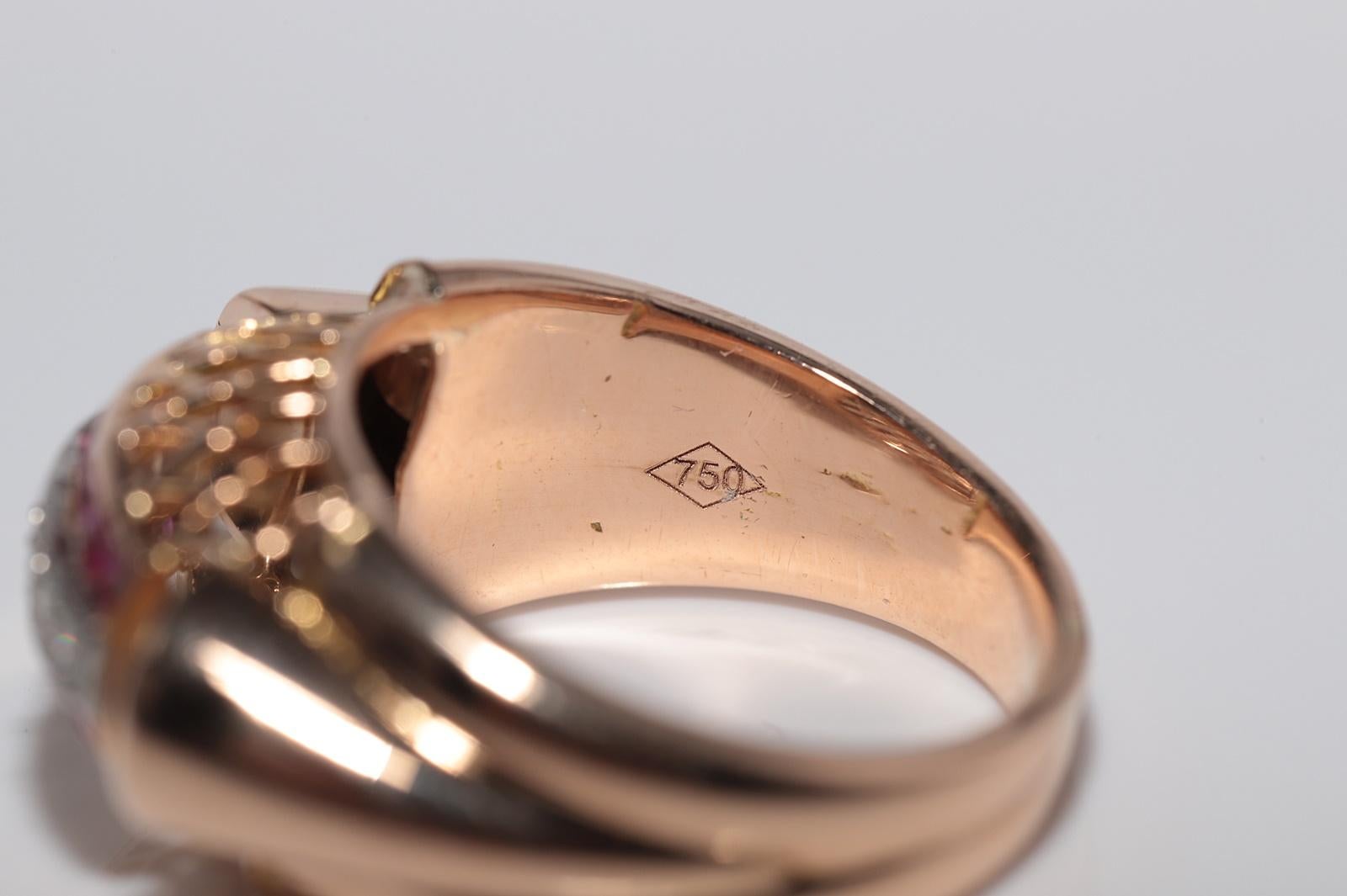 Bague débardeur ancienne des années 1930 en or 18 carats, diamant naturel et rubis taille baguette en vente 3