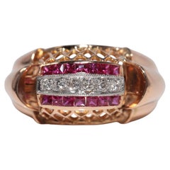 Antique Circa 1930s 18k Gold Natural Diamond And Baguette Cut Ruby Tank Ring