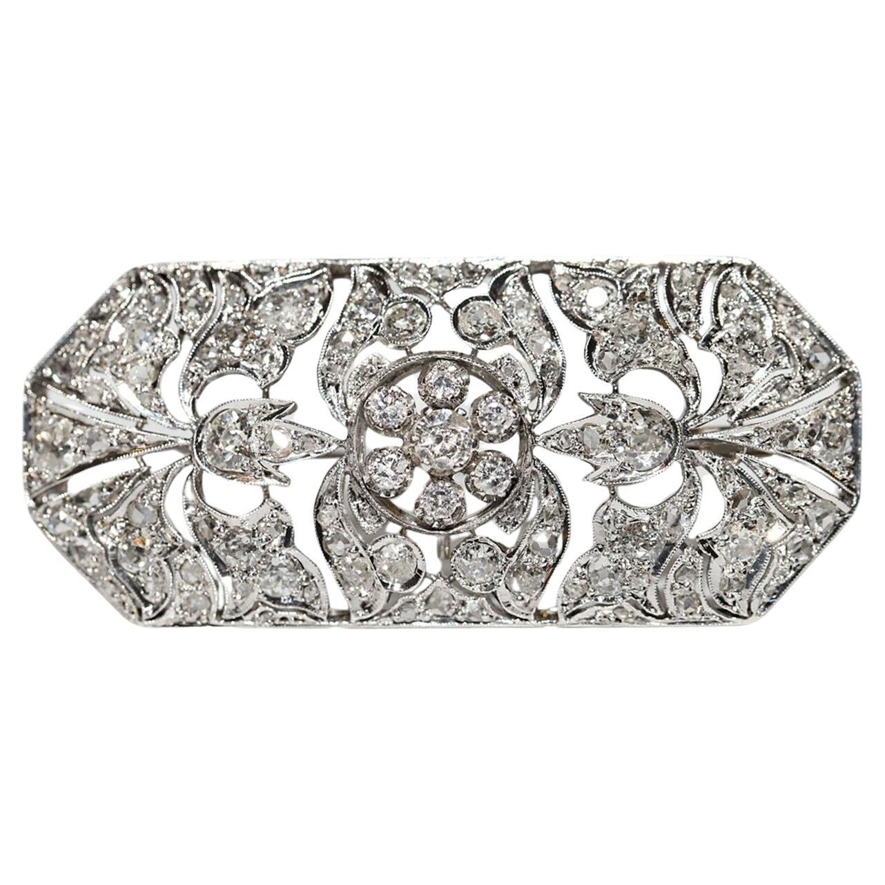 Antique Circa 1930s Art Deco 14k Gold Natural Diamond Decorated Brooch For Sale