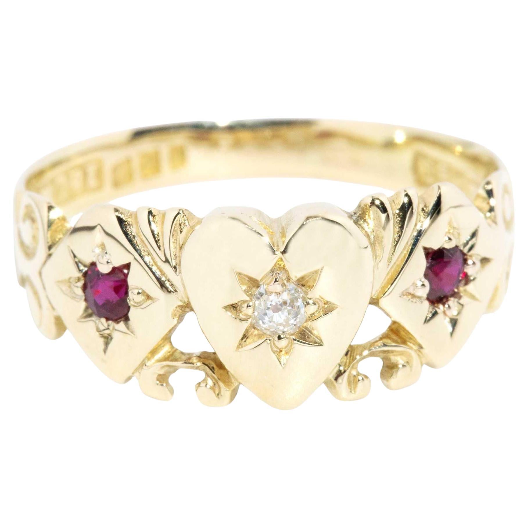 Antique Circa 1930s Diamond Ruby Signet Ring 15 Carat Yellow Gold