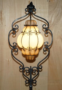 ANTiQUE CIRCA 1930'S ITALIAN MURANO GLASS & IRON SEGUSO CAGED PENDANT FLOOR LAMP