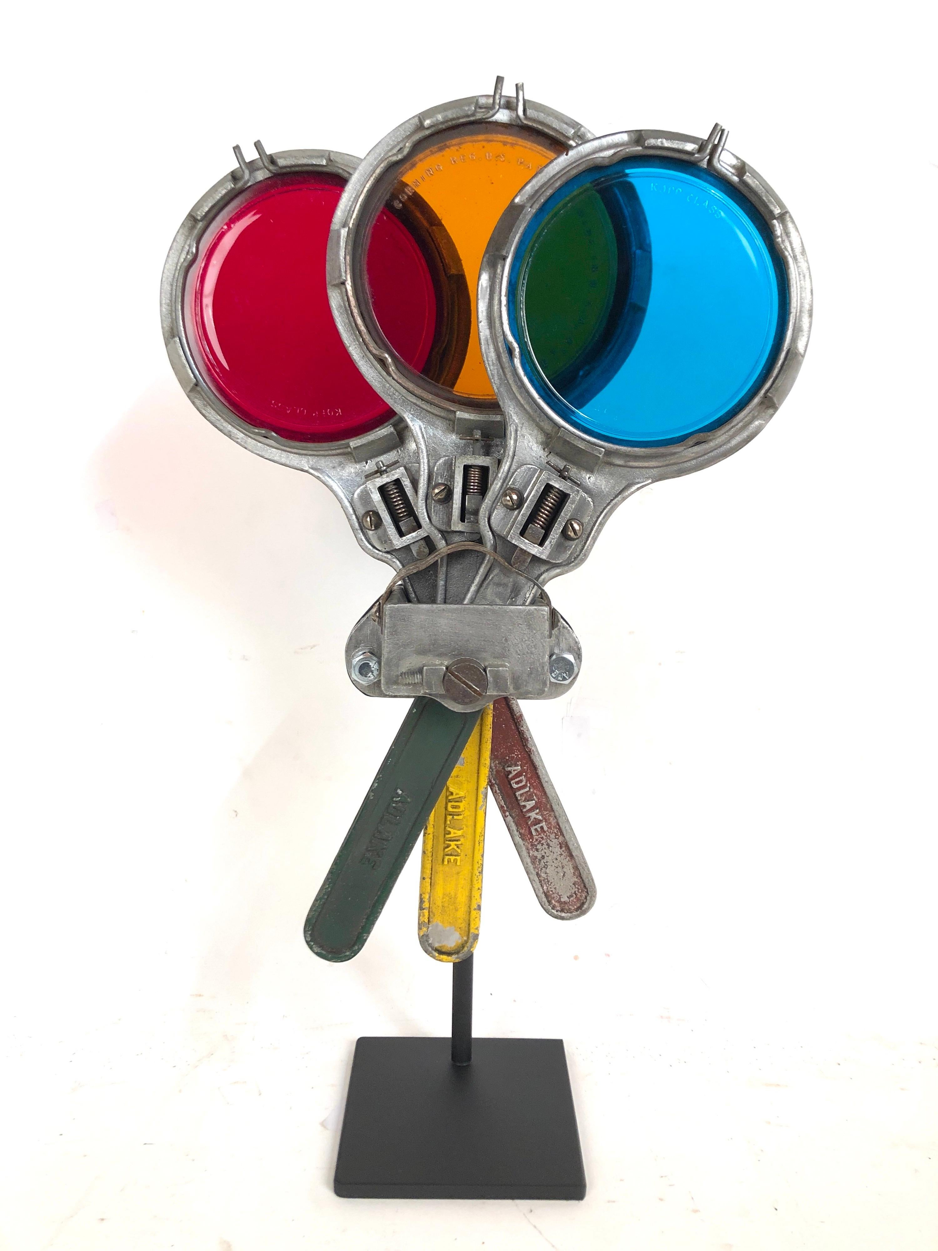 Antique circa 1930s New York City subway directional semaphore with original colored glass lenses. Can be maneuvered several ways. Mounted on a custom made steel stand.