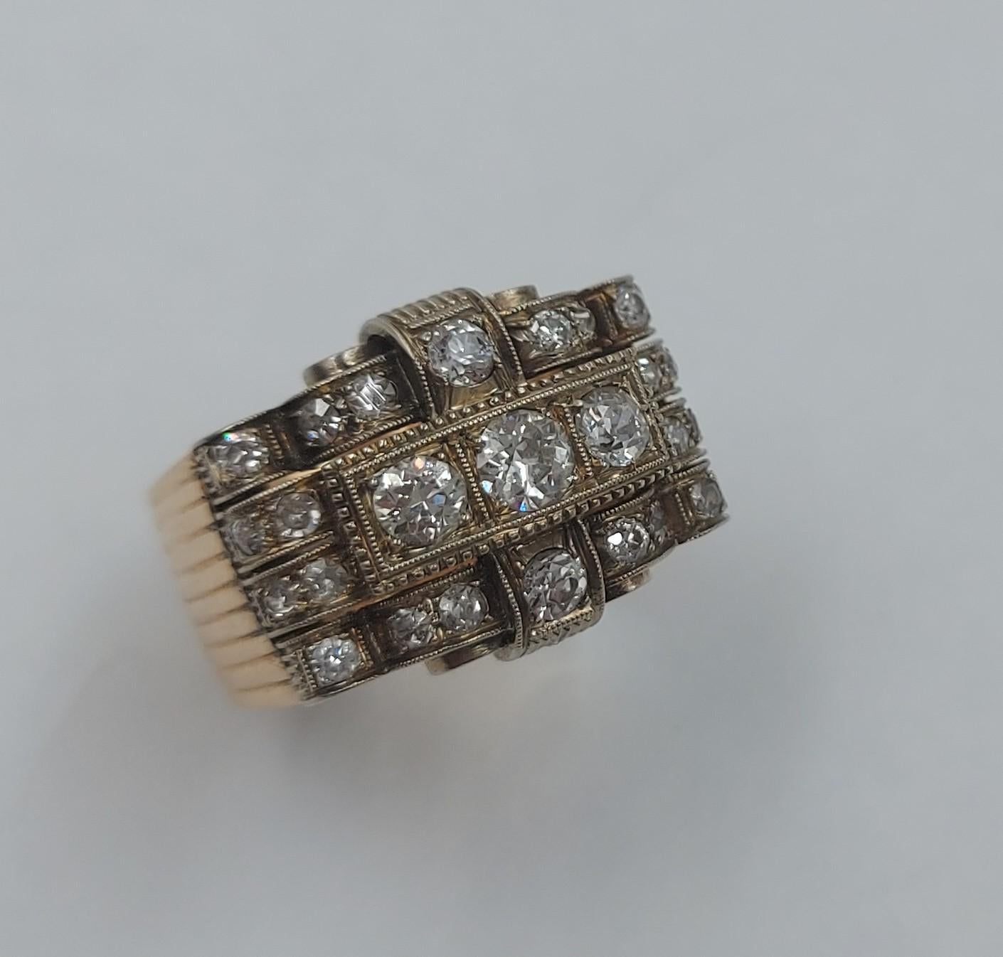 Antique (circa 1940), elegant, 1.20 carat old European cut diamond 18 carat yellow and white gold ring. No hallmarks or stamps, but tested as gold.  