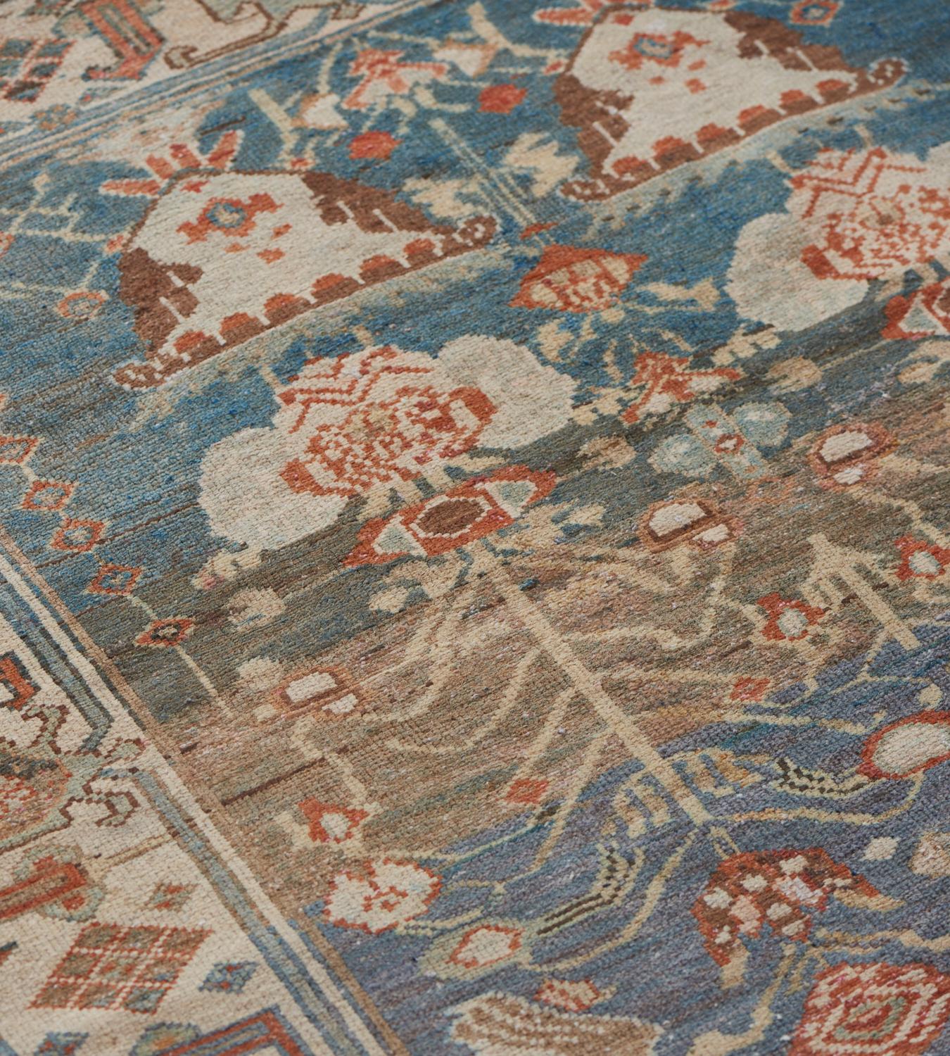 Hand-Knotted Antique Circa-1940 Floral Blue Persian Malayer Rug 4'2