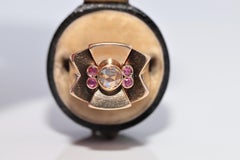 Anello vintage "Tank" in oro 18 carati, con diamanti naturali taglio rosa e rubini, risalente agli anni '40 CIRCA