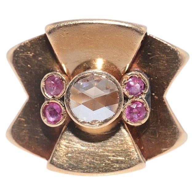 Antique Circa 1940s 18k Gold Estate Natural Rose Cut Diamond And Ruby Tank Ring For Sale