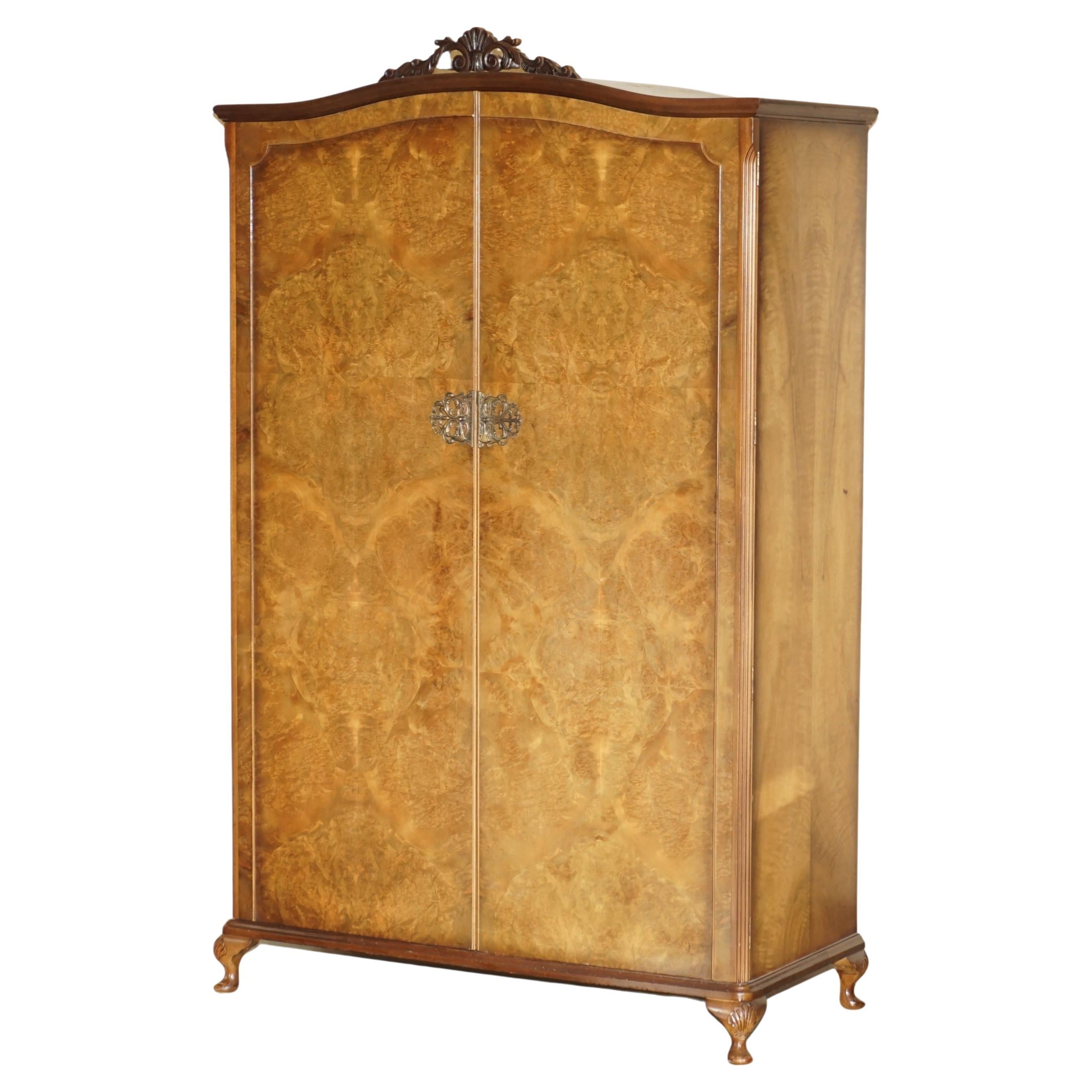ANTIQUE CIRCA 1940's BURR WALNUT LARGE WARDROBE SPLITS IN TWO FOR EASY TRANSPORT For Sale
