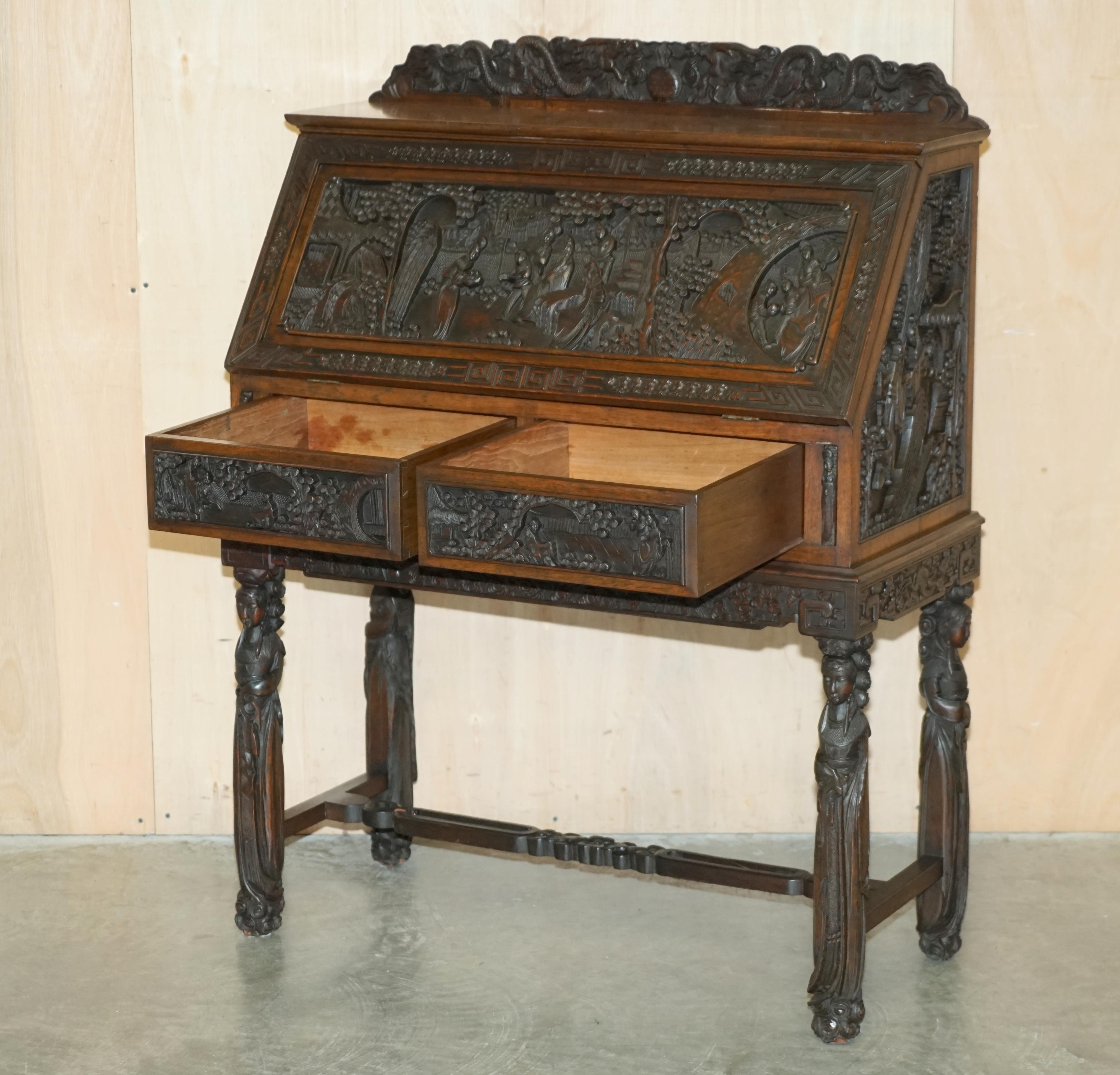 ANTiQUE CIRCA 1940'S HAND CARVED CHINESE BUREAU WRITING DESK & MATCHING ARMCHAIR For Sale 3