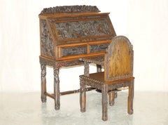 ANTiQUE CIRCA 1940'S HAND CARVED CHINESE BUREAU WRITING DESK & MATCHING ARMCHAIR