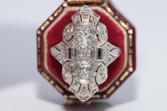 Antique Circa Art Deco 1920s 18k Gold Natural Diamond And Sapphire Navette Ring