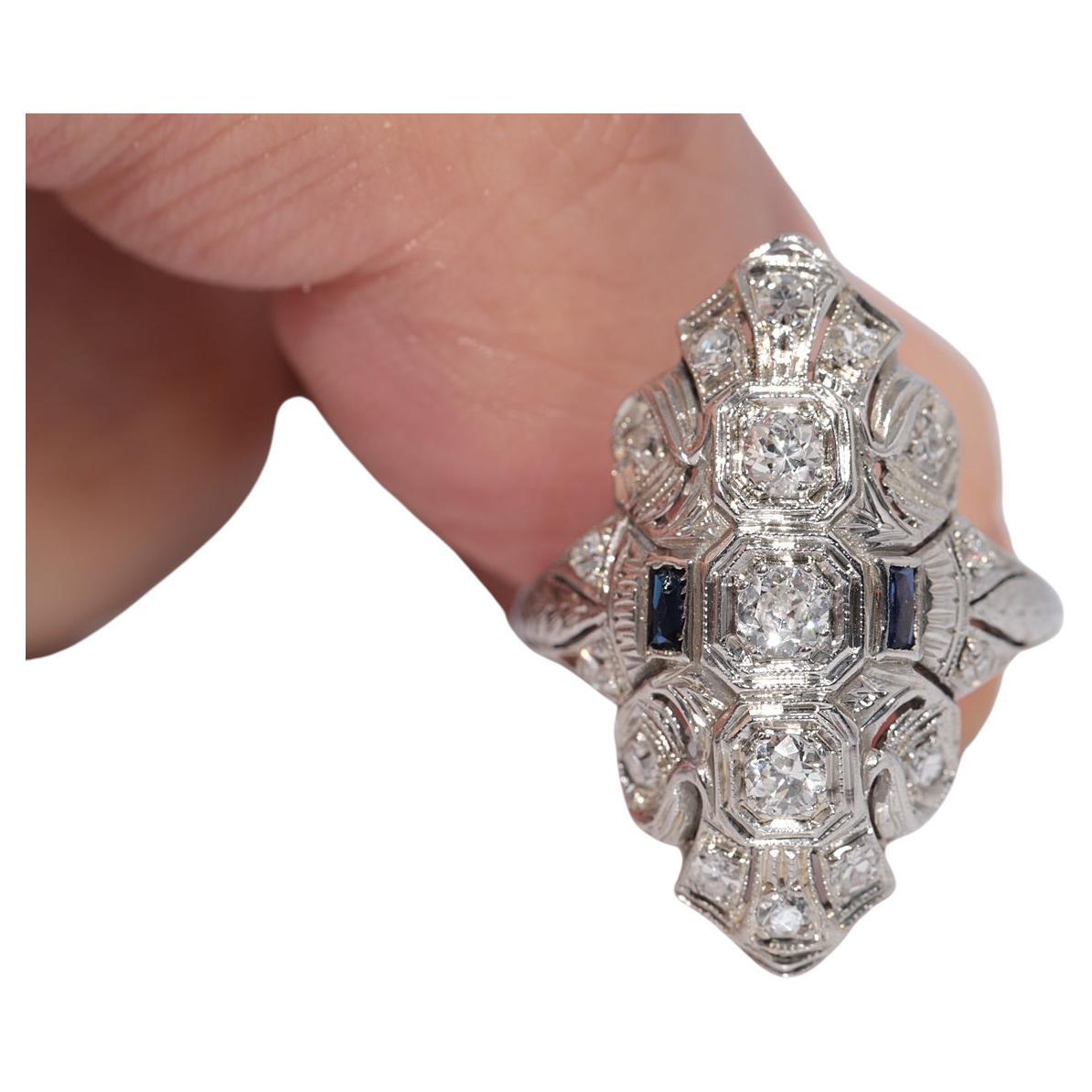 Antique Circa Art Deco 1920s 18k Gold Natural Diamond And Sapphire Navette Ring For Sale