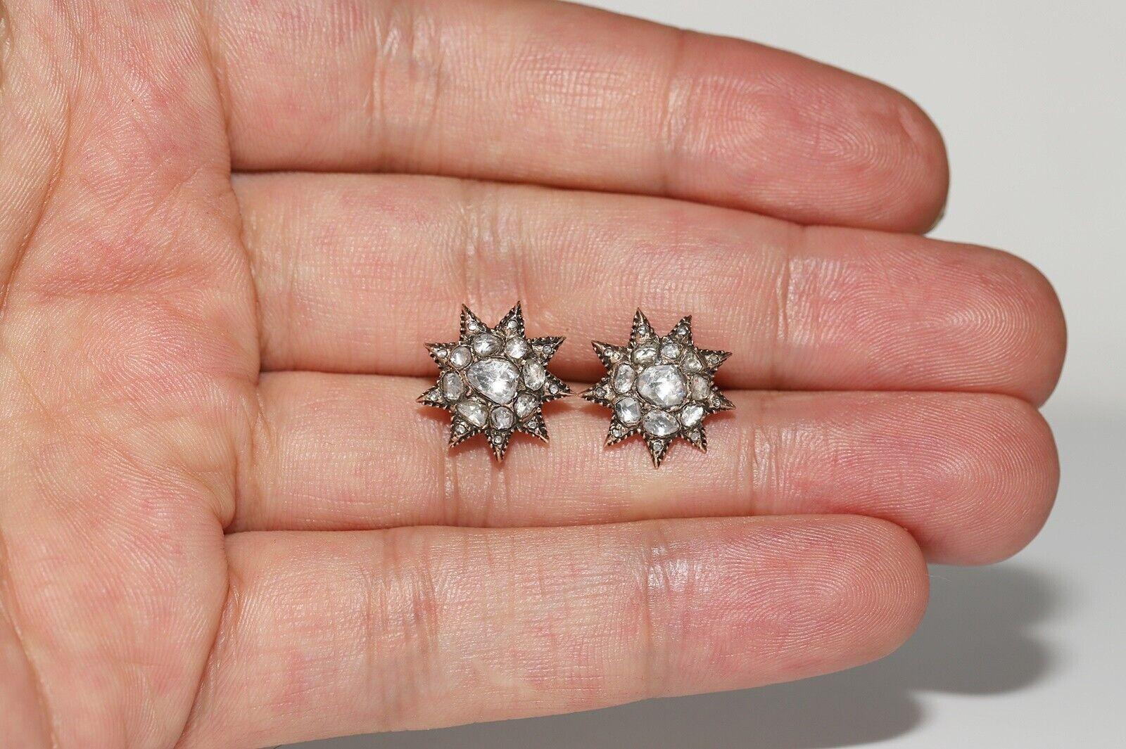 Antique Circa Ottoman 1910s 8k Gold Natural Rose Cut Diamond Star Earring  For Sale 5