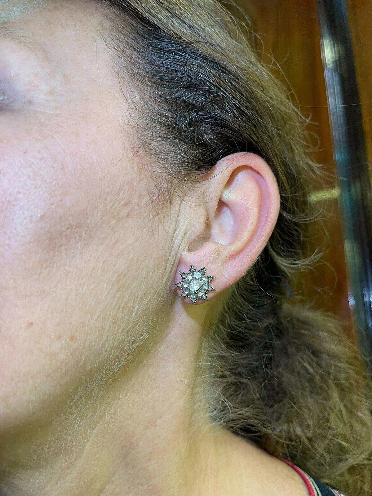 Antique Circa Ottoman 1910s 8k Gold Natural Rose Cut Diamond Star Earring  For Sale 6