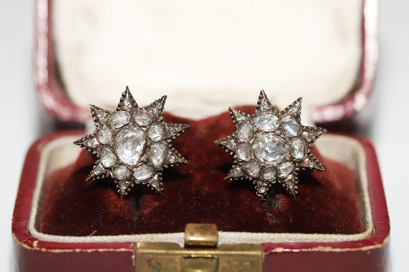 Antique Circa Ottoman 1910s 8k Gold Natural Rose Cut Diamond Star Earring  For Sale 7