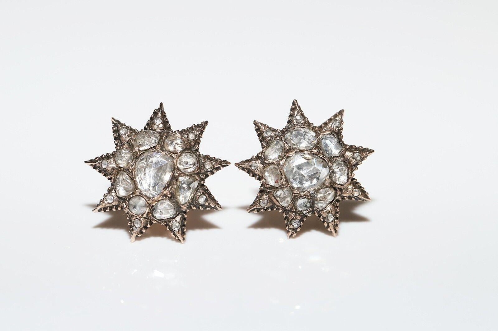 Antique Circa Ottoman 1910s 8k Gold Natural Rose Cut Diamond Star Earring  In Good Condition For Sale In Fatih/İstanbul, 34