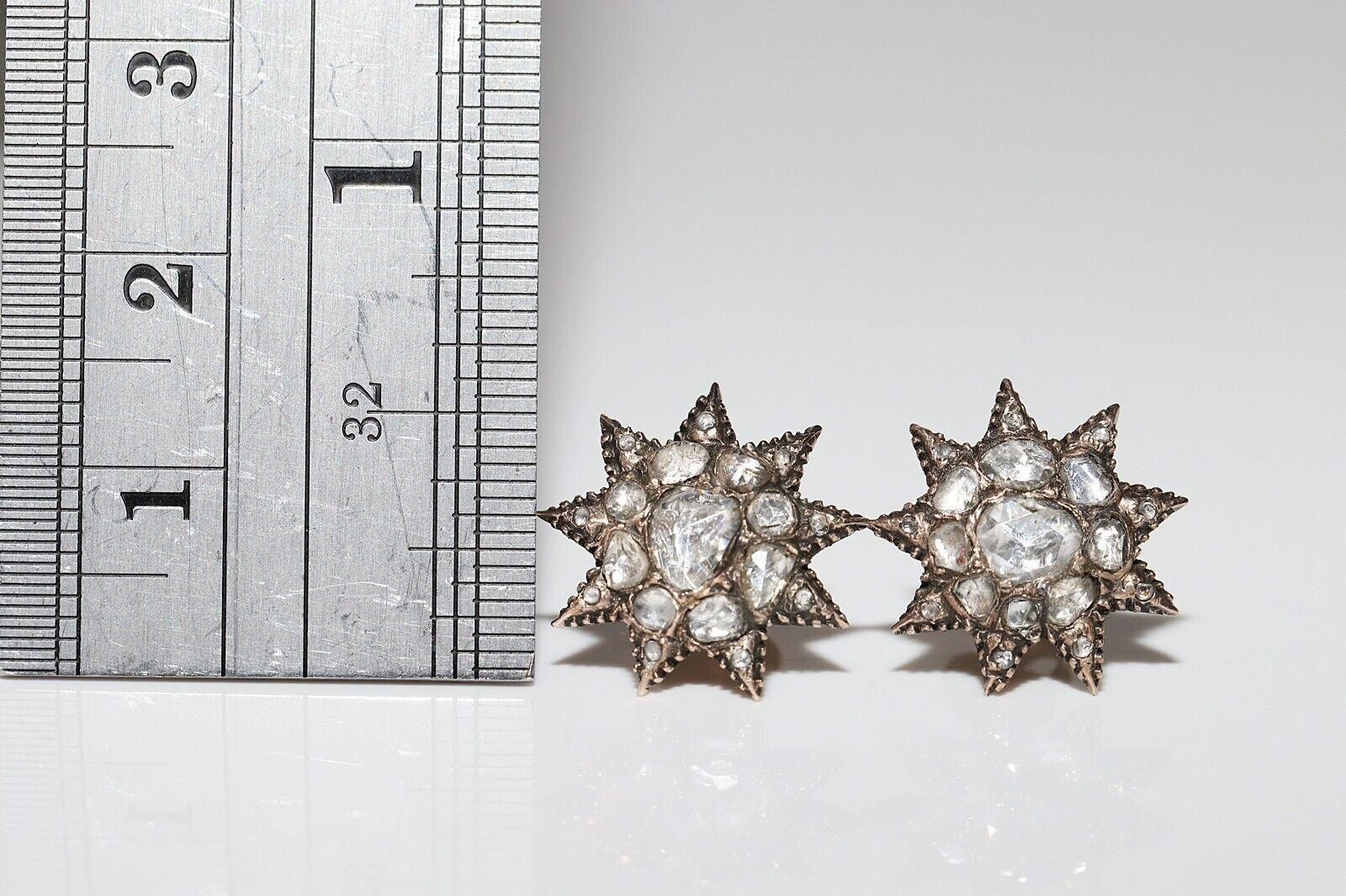 Women's Antique Circa Ottoman 1910s 8k Gold Natural Rose Cut Diamond Star Earring  For Sale