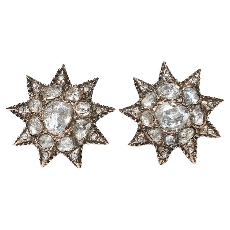 Antique Circa Ottoman 1910s 8k Gold Natural Rose Cut Diamond Star Earring 