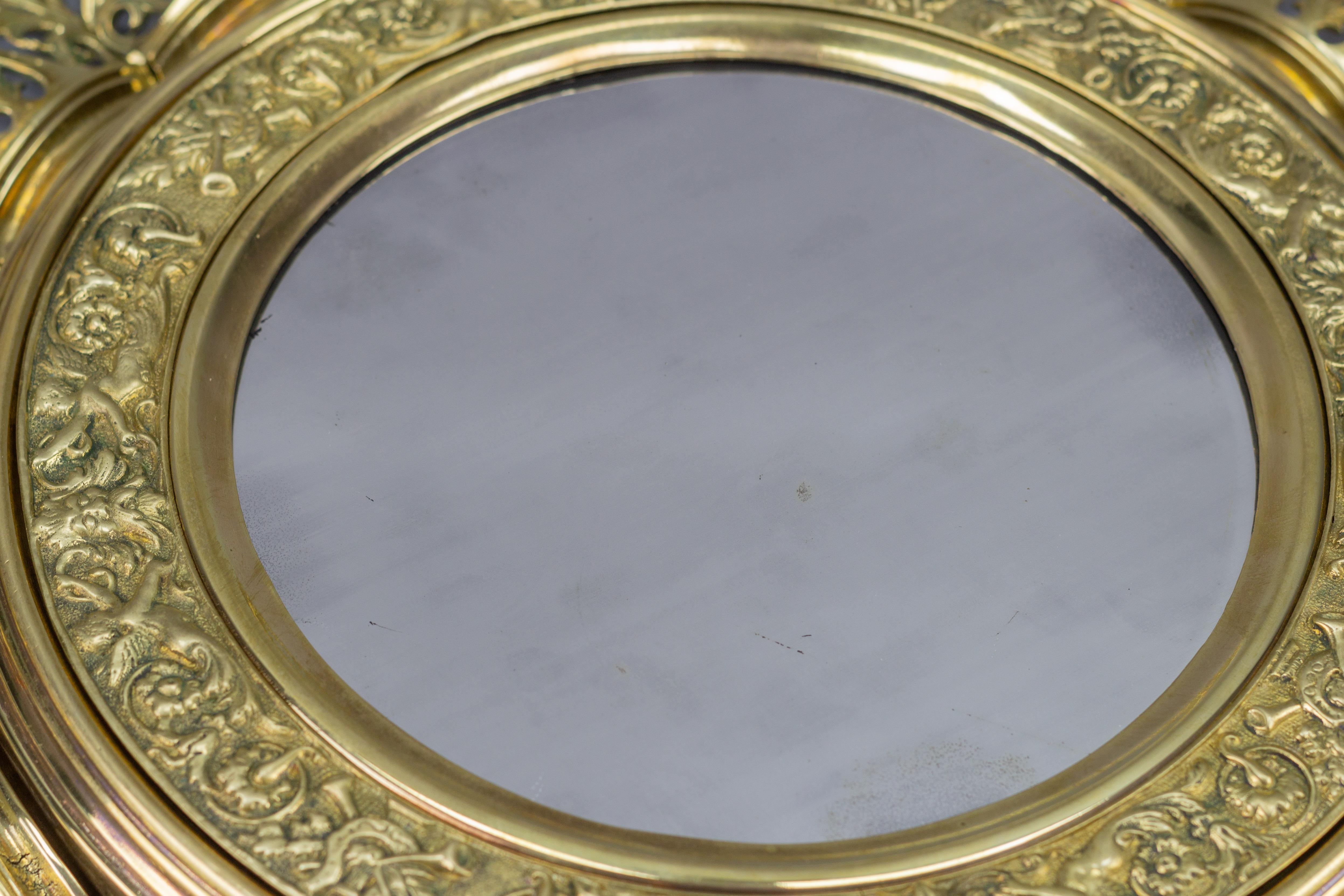 Antique Circular Bronze and Brass Mirror in Sunburst Shape, Early 20th Century For Sale 6