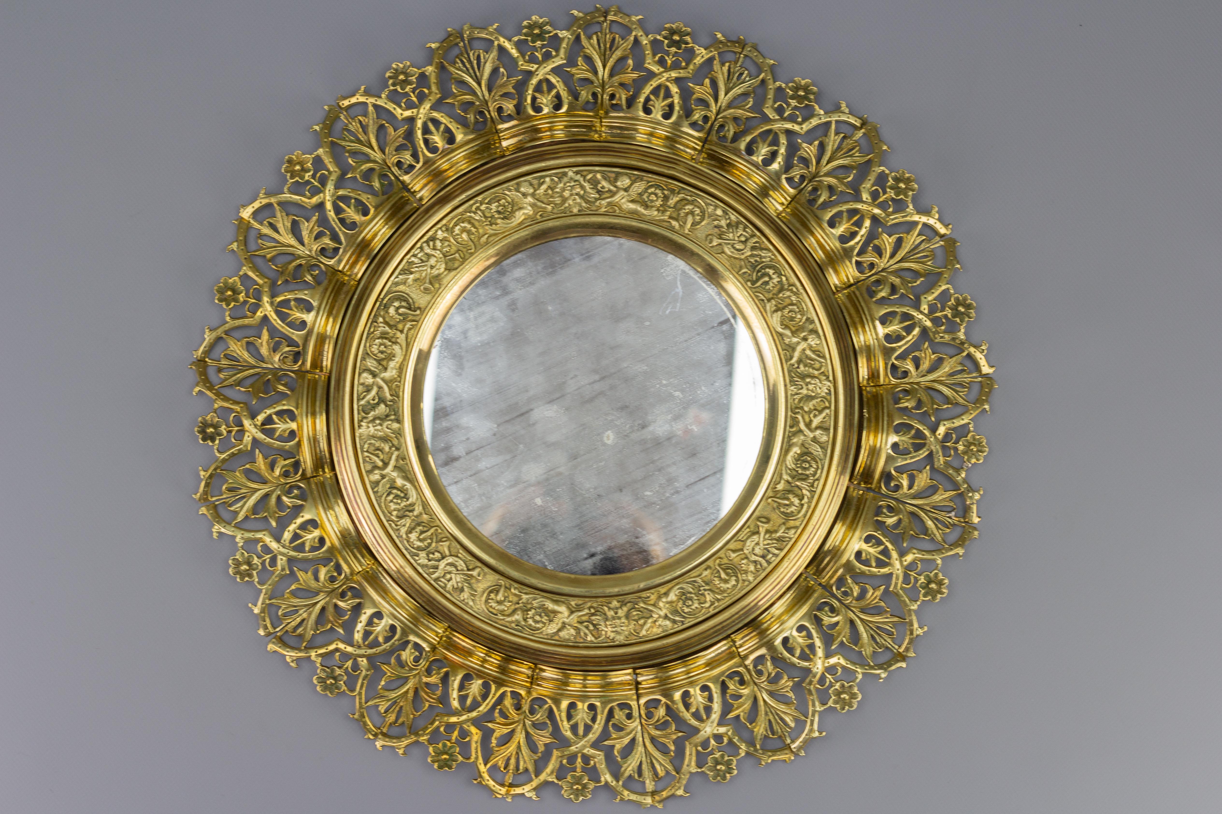Antique Circular Bronze and Brass Mirror in Sunburst Shape, Early 20th Century For Sale 12