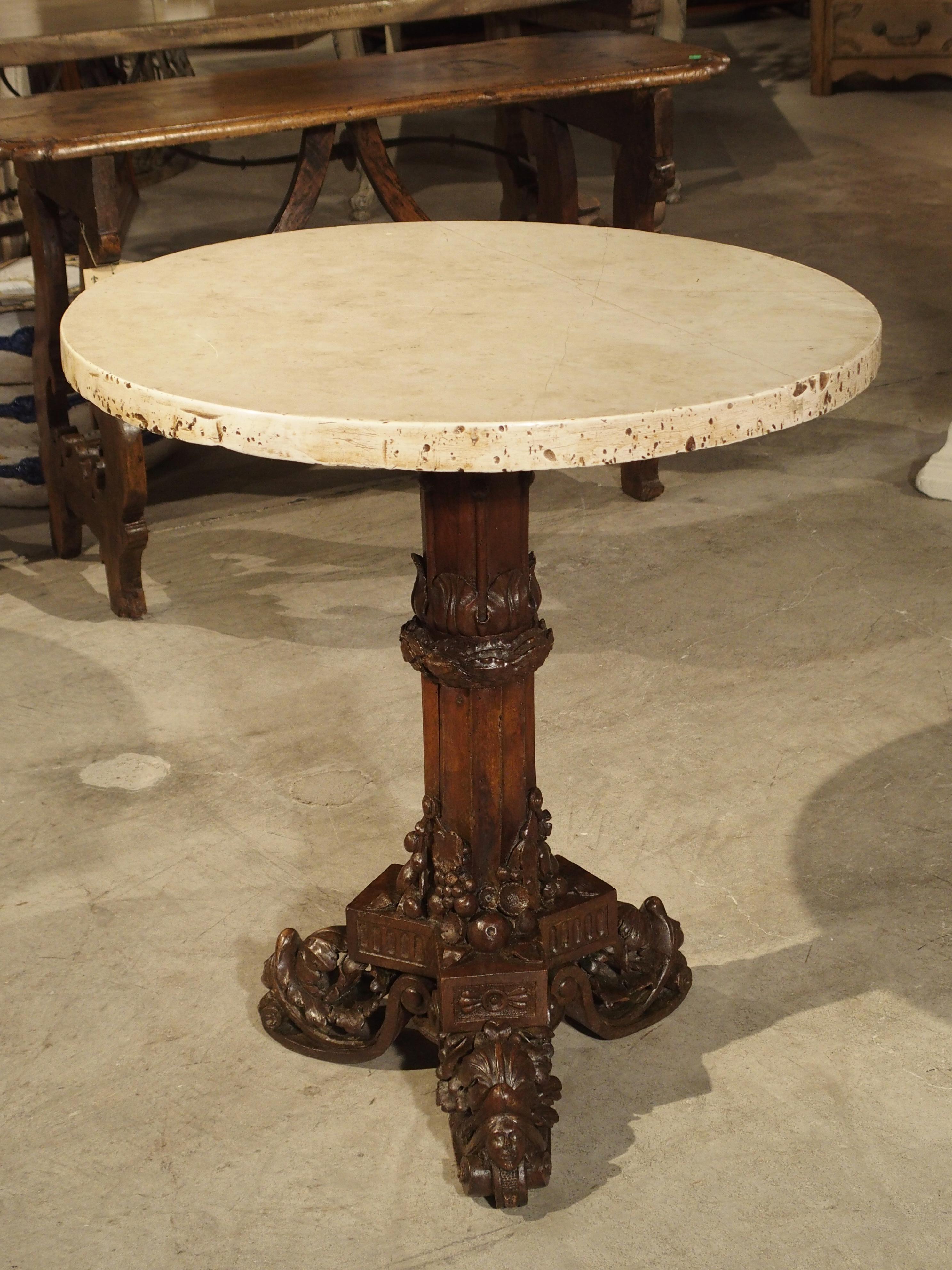 19th Century Antique Circular Genoese Carved Wood and Marble Table, circa 1820 For Sale