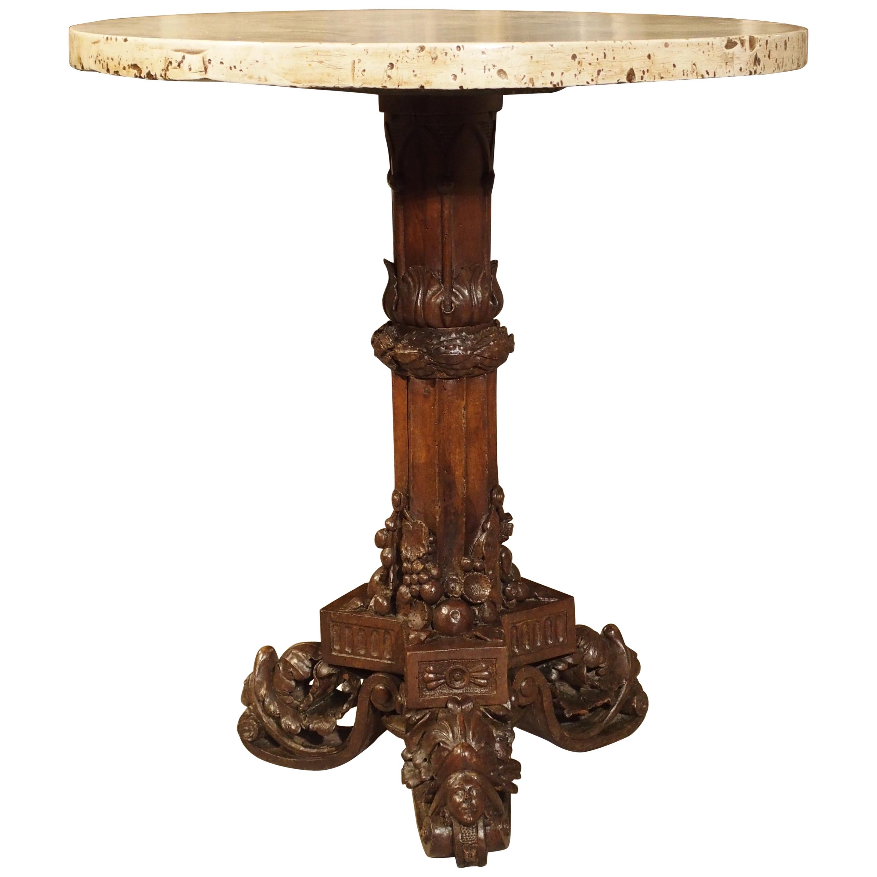 Antique Circular Genoese Carved Wood and Marble Table, circa 1820 For Sale