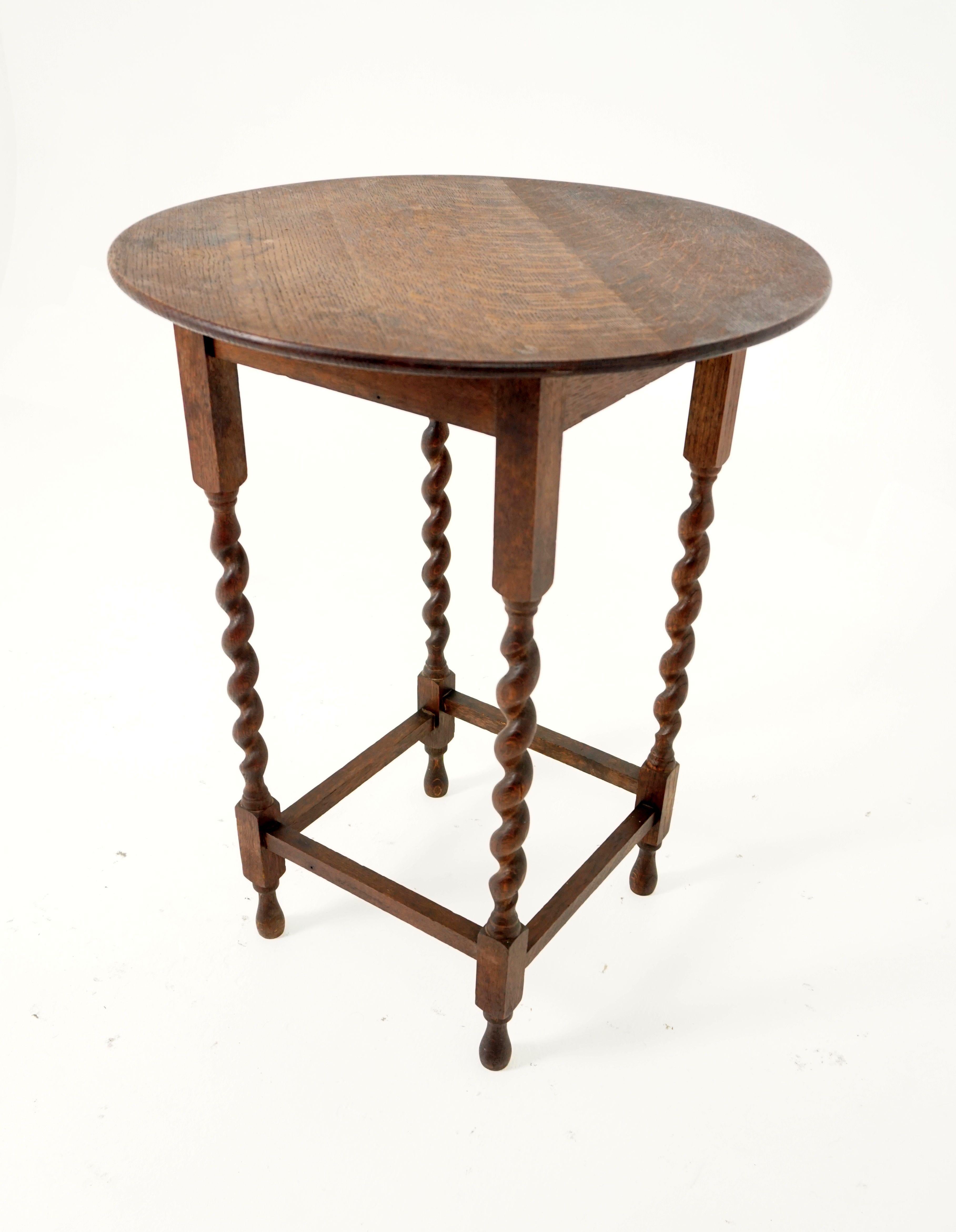 Scottish Antique Circular Tiger Oak Barley Twist Lamp/End Table, Scotland 1920, B1921