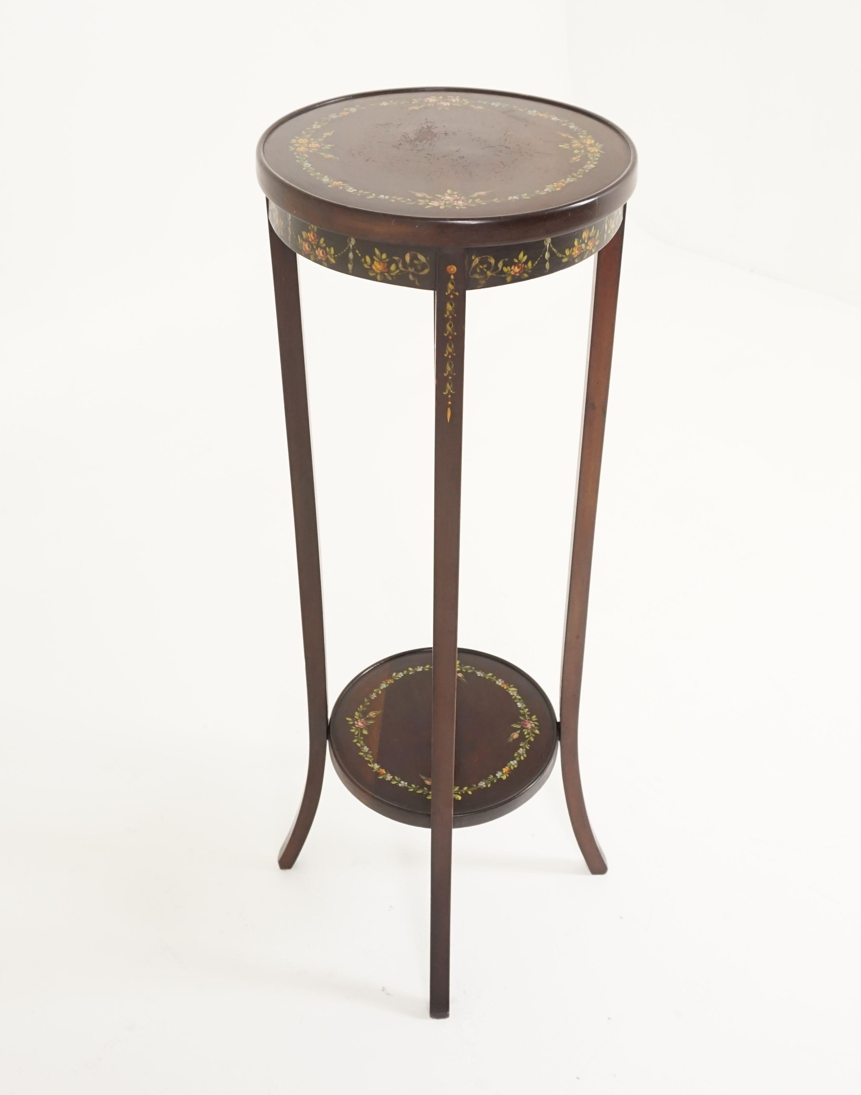 Antique circular walnut two-tier hand painted plant stand, Scotland 1920, B2046

Scotland, 1920
Solid walnut
Original finish
Circular top with painted flowers
Standing on four rectangular shaped legs
Circular under shelf below
Nice