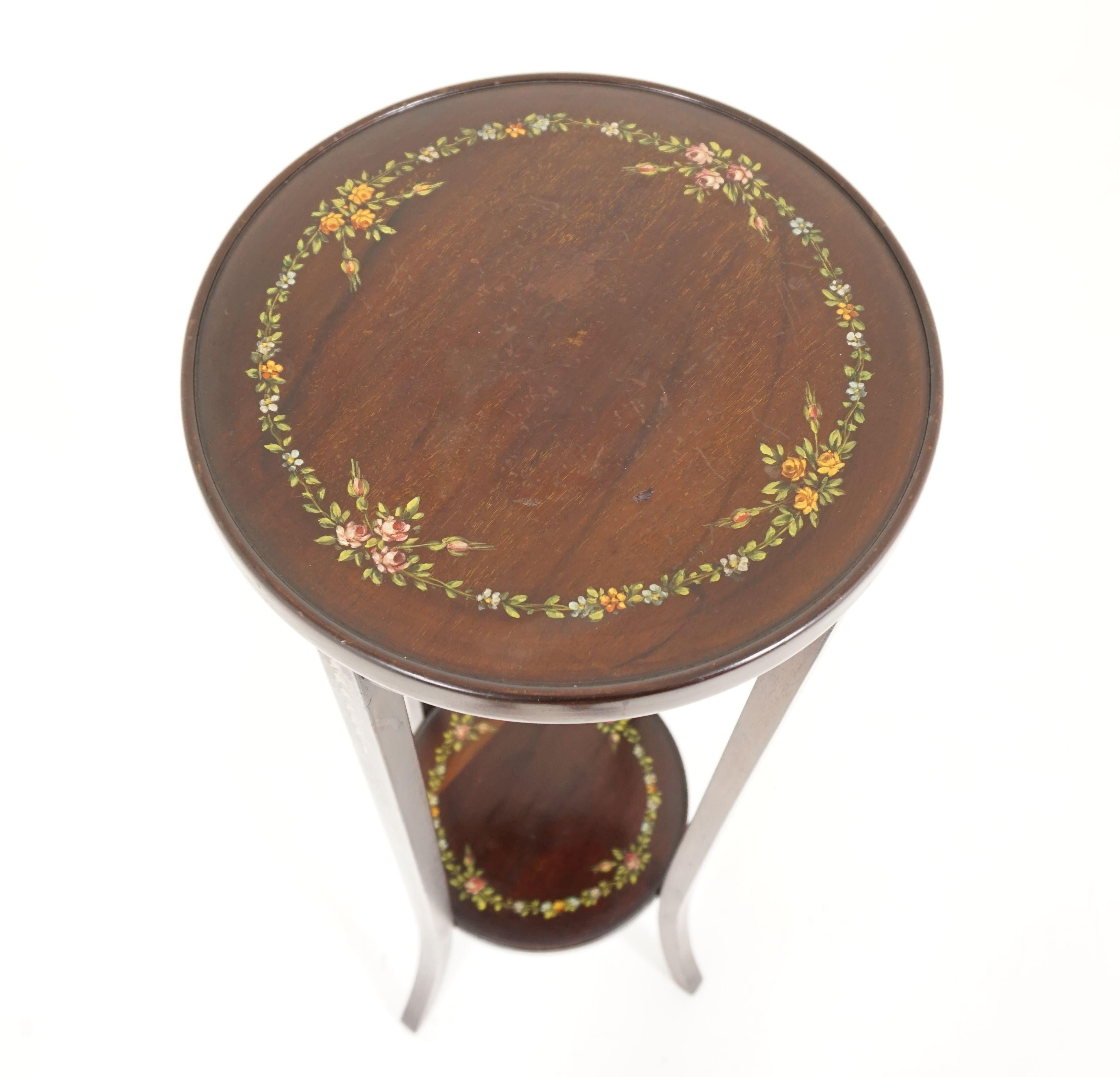 Scottish Antique Circular Walnut Two-Tier Hand Painted Plant Stand, Scotland 1920, B2046