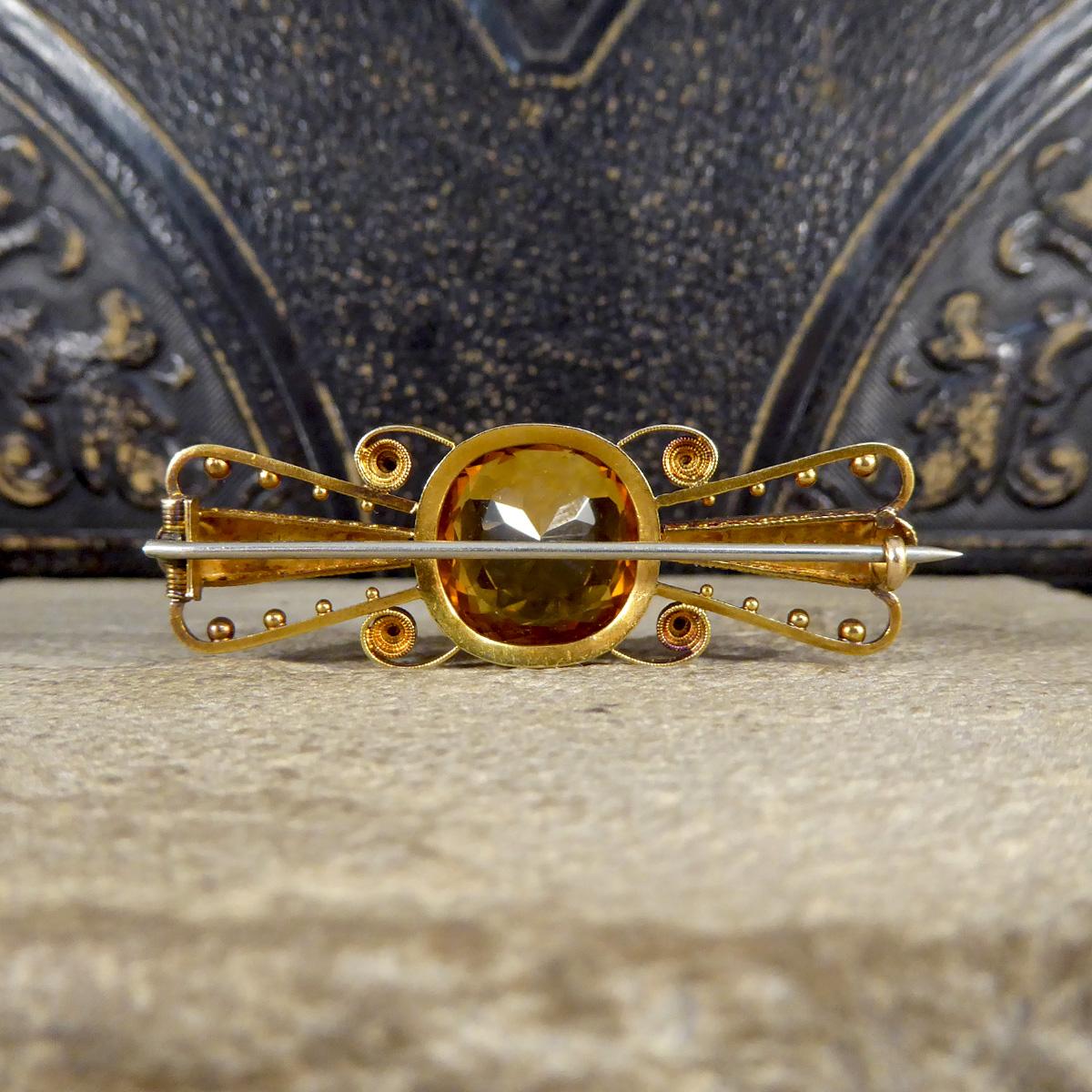Cushion Cut Antique Citrene Brooch with Pearl and Dot Decorative Wings in 15ct Yellow Gold For Sale
