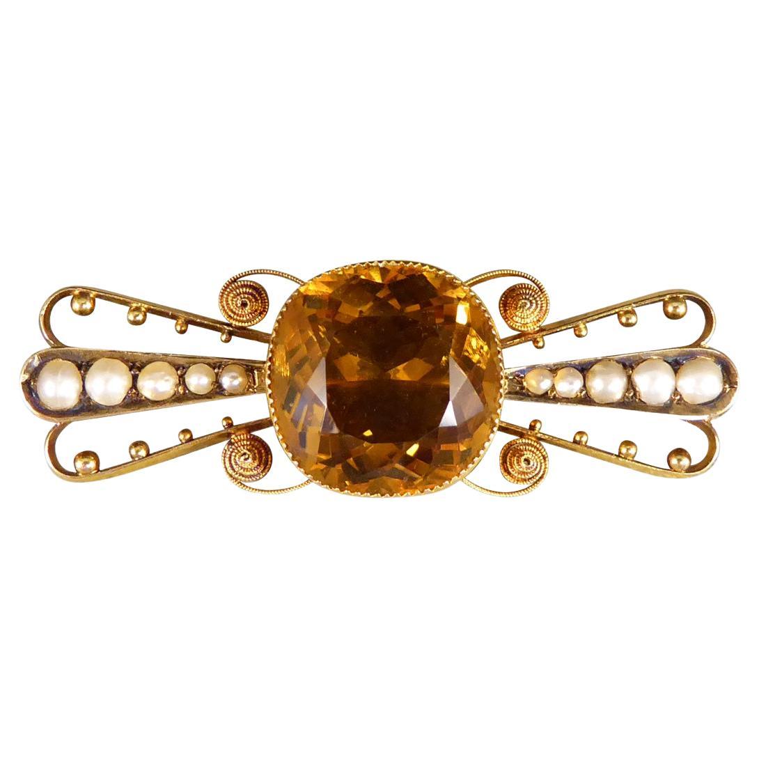 Antique Citrene Brooch with Pearl and Dot Decorative Wings in 15ct Yellow Gold
