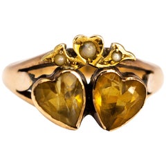 Antique Citrine and 9 Carat Gold Double Heart Ring