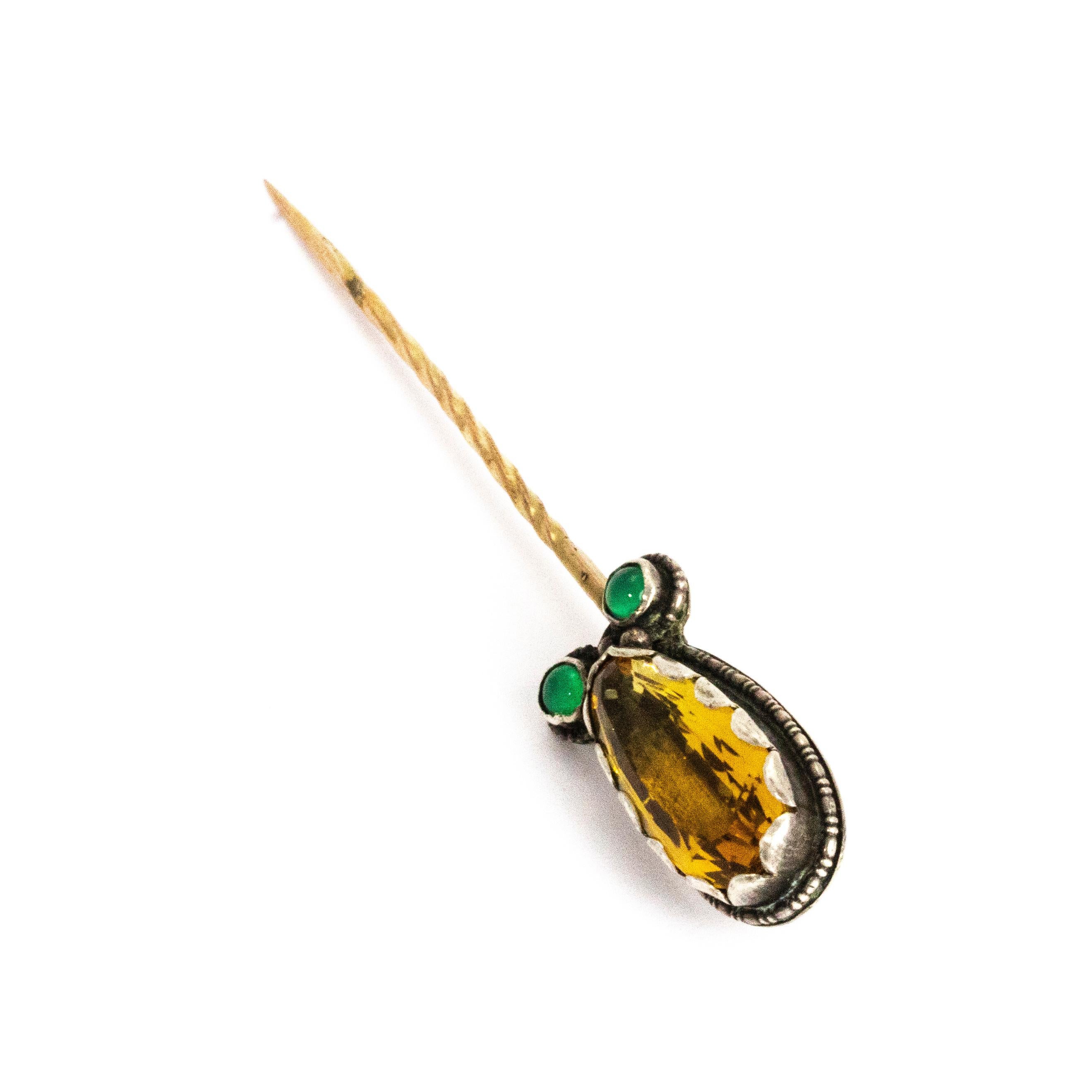 Modern Antique Citrine and Chrysophrase Gold and Silver Pin For Sale