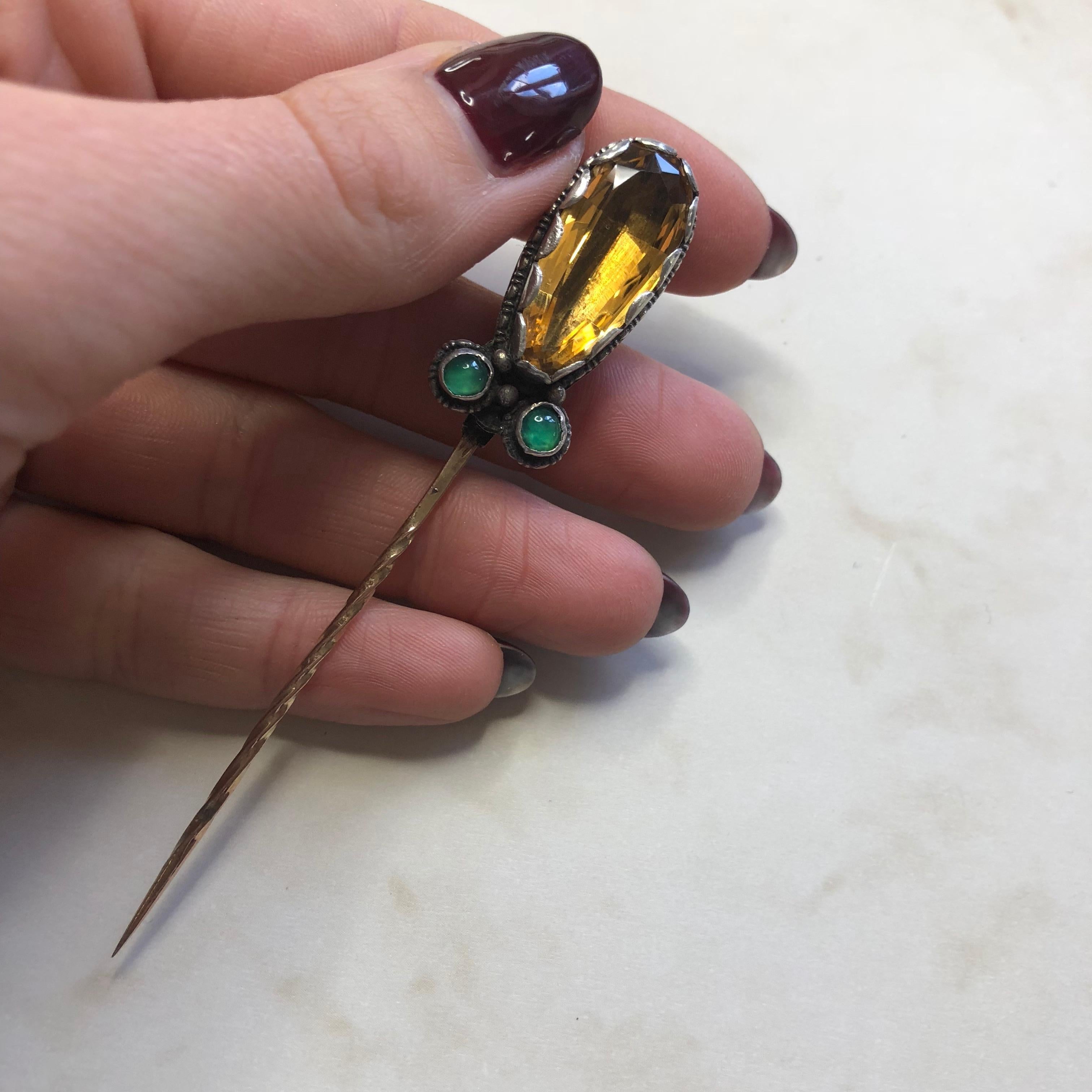 Women's or Men's Antique Citrine and Chrysophrase Gold and Silver Pin For Sale