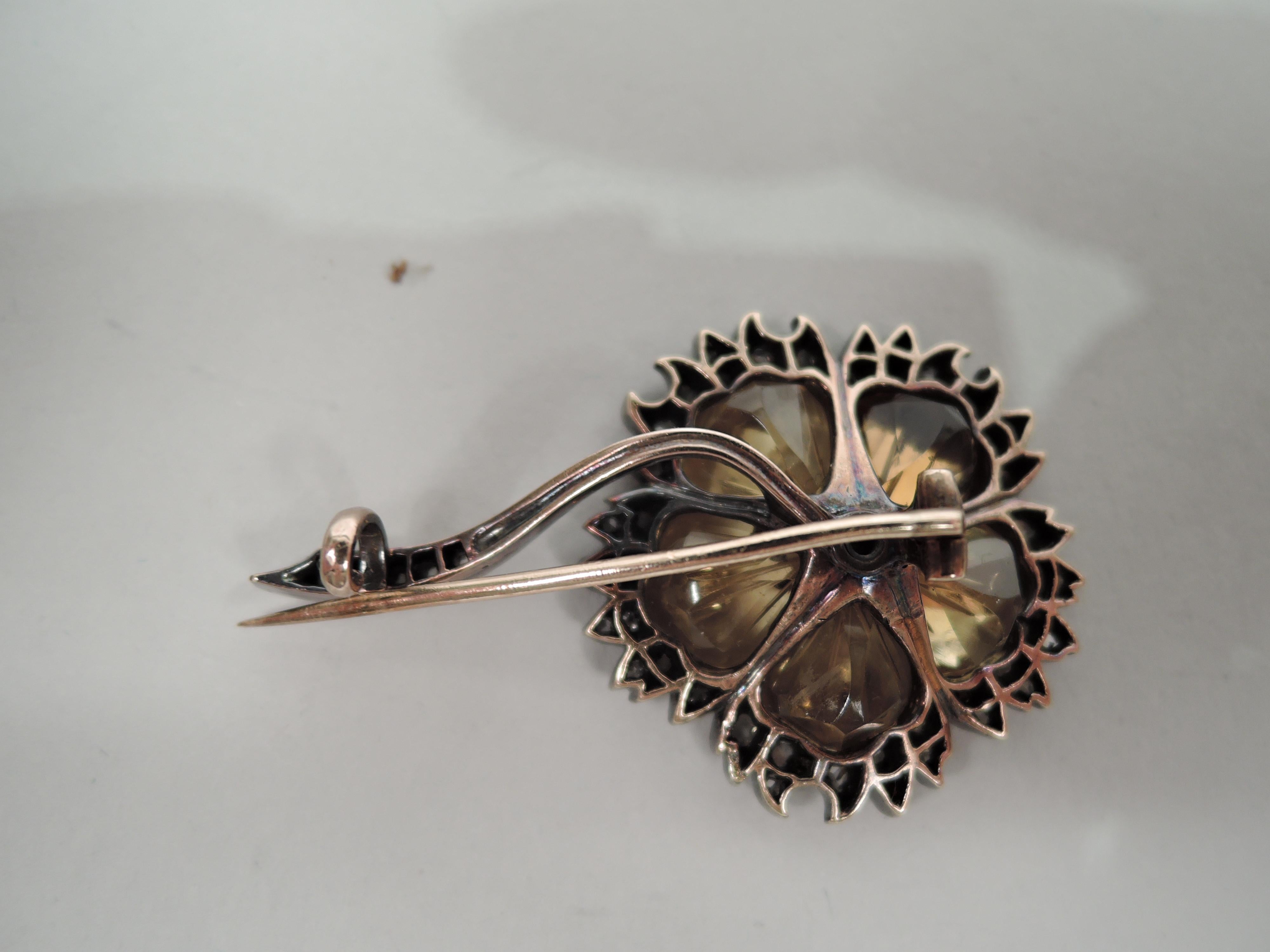 Belle Époque Antique Citrine and Diamond Flower Shaped Brooch For Sale