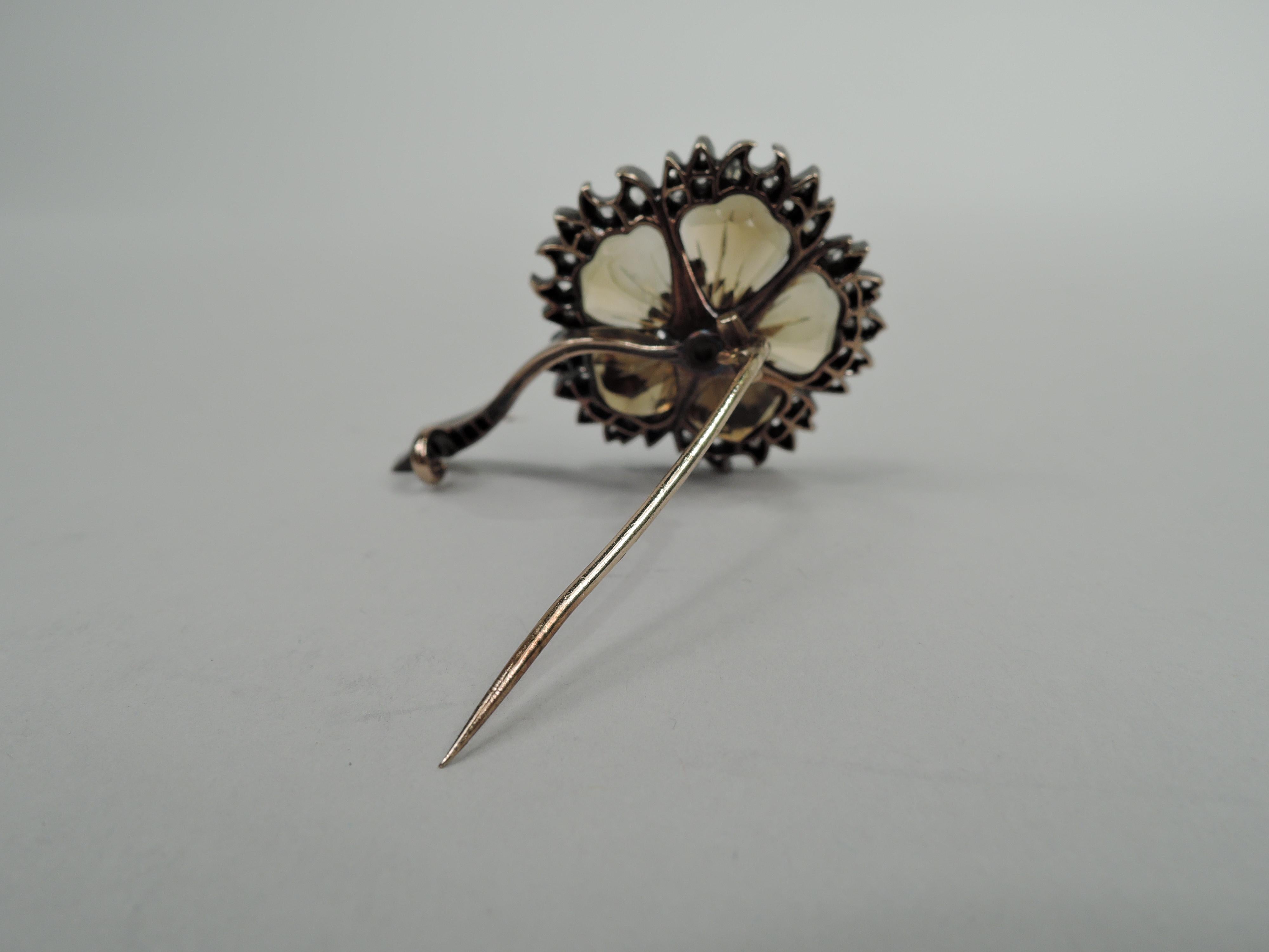 Rose Cut Antique Citrine and Diamond Flower Shaped Brooch For Sale