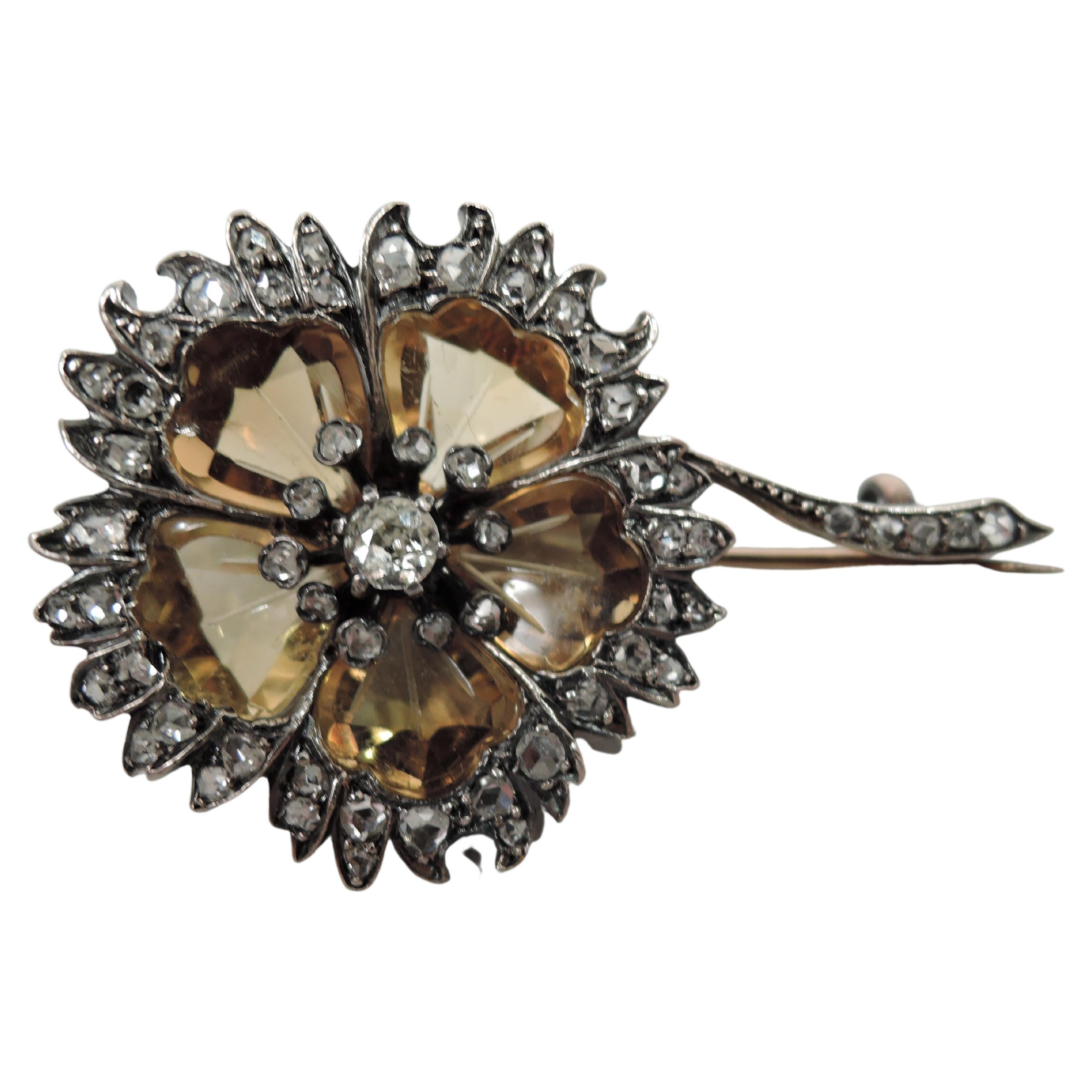 Antique Citrine and Diamond Flower Shaped Brooch For Sale