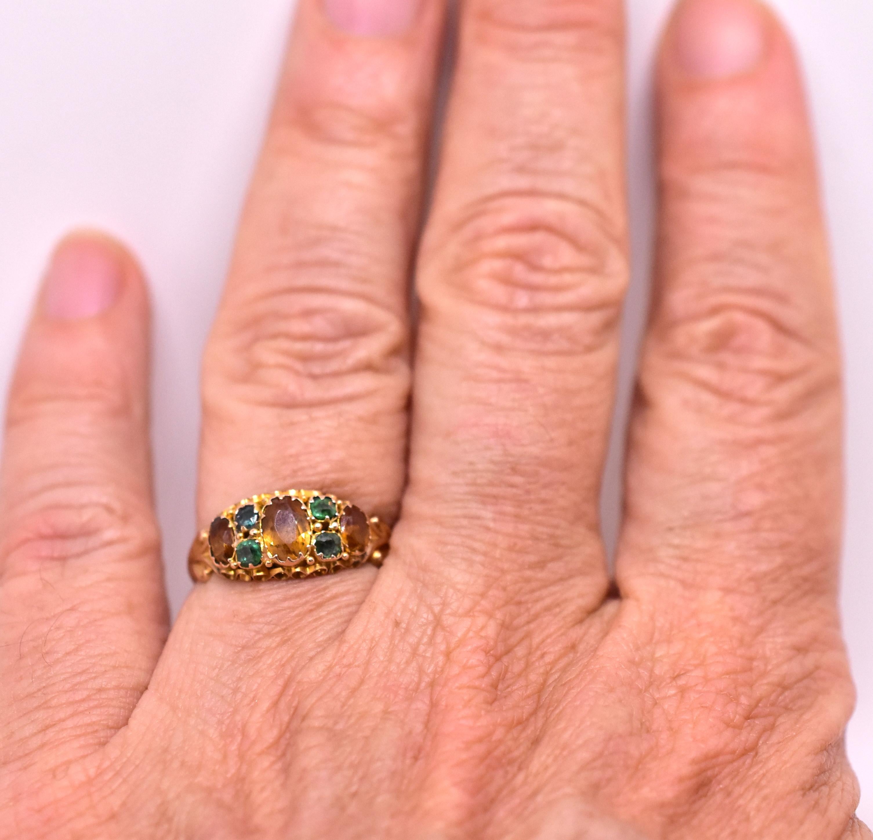 Early Victorian Antique Citrine and Emerald Ring, circa 1860