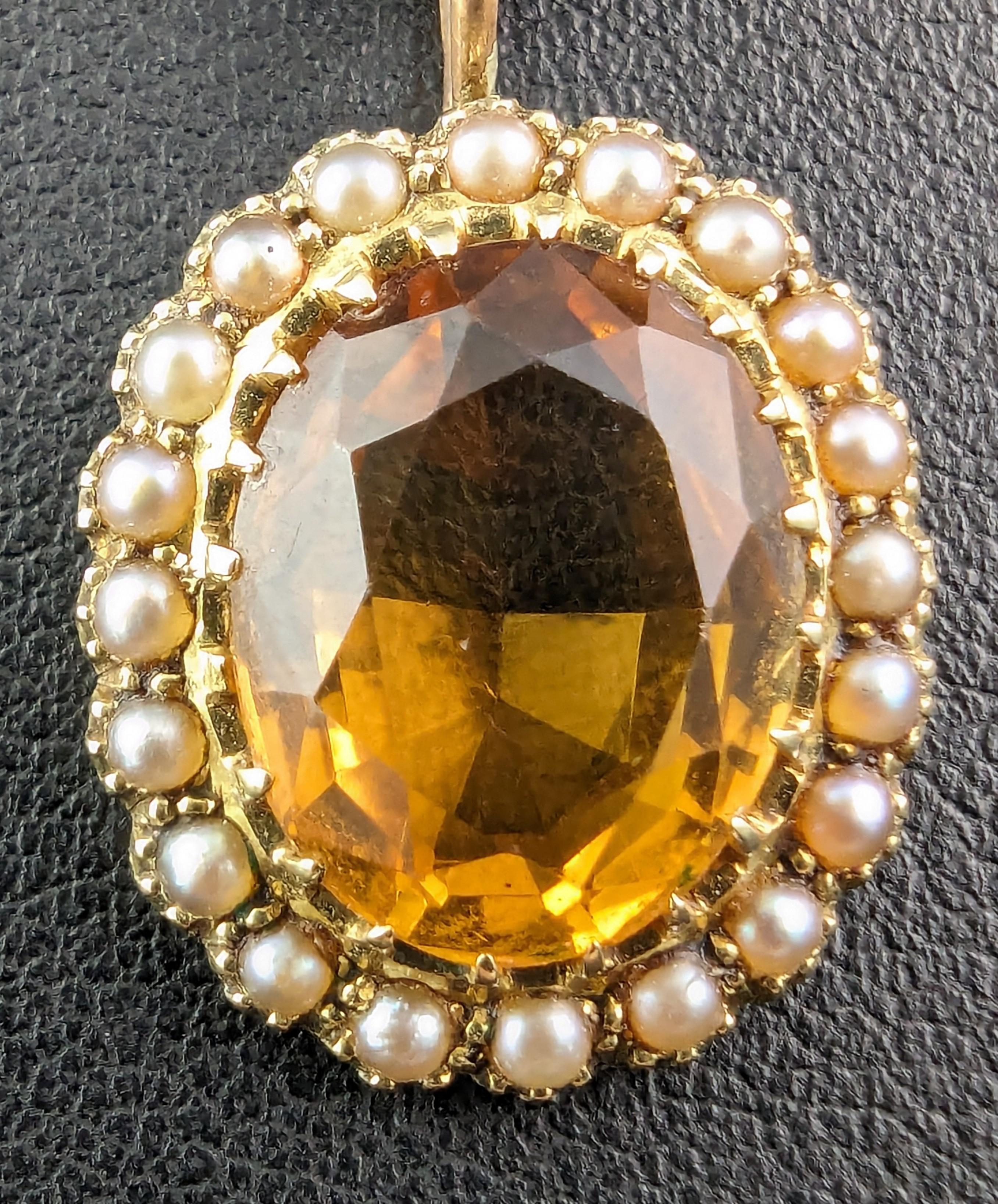 Antique Citrine and pearl halo pendant, 15k yellow gold  5