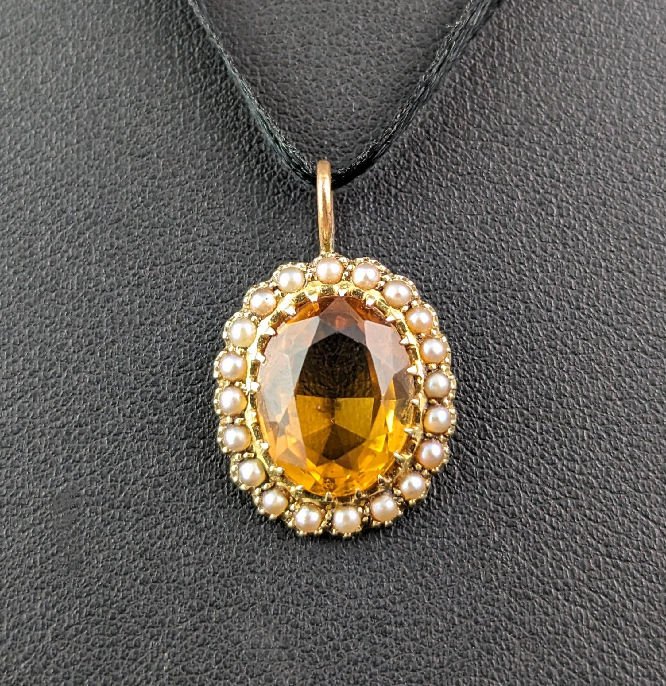 Antique Citrine and pearl halo pendant, 15k yellow gold  6