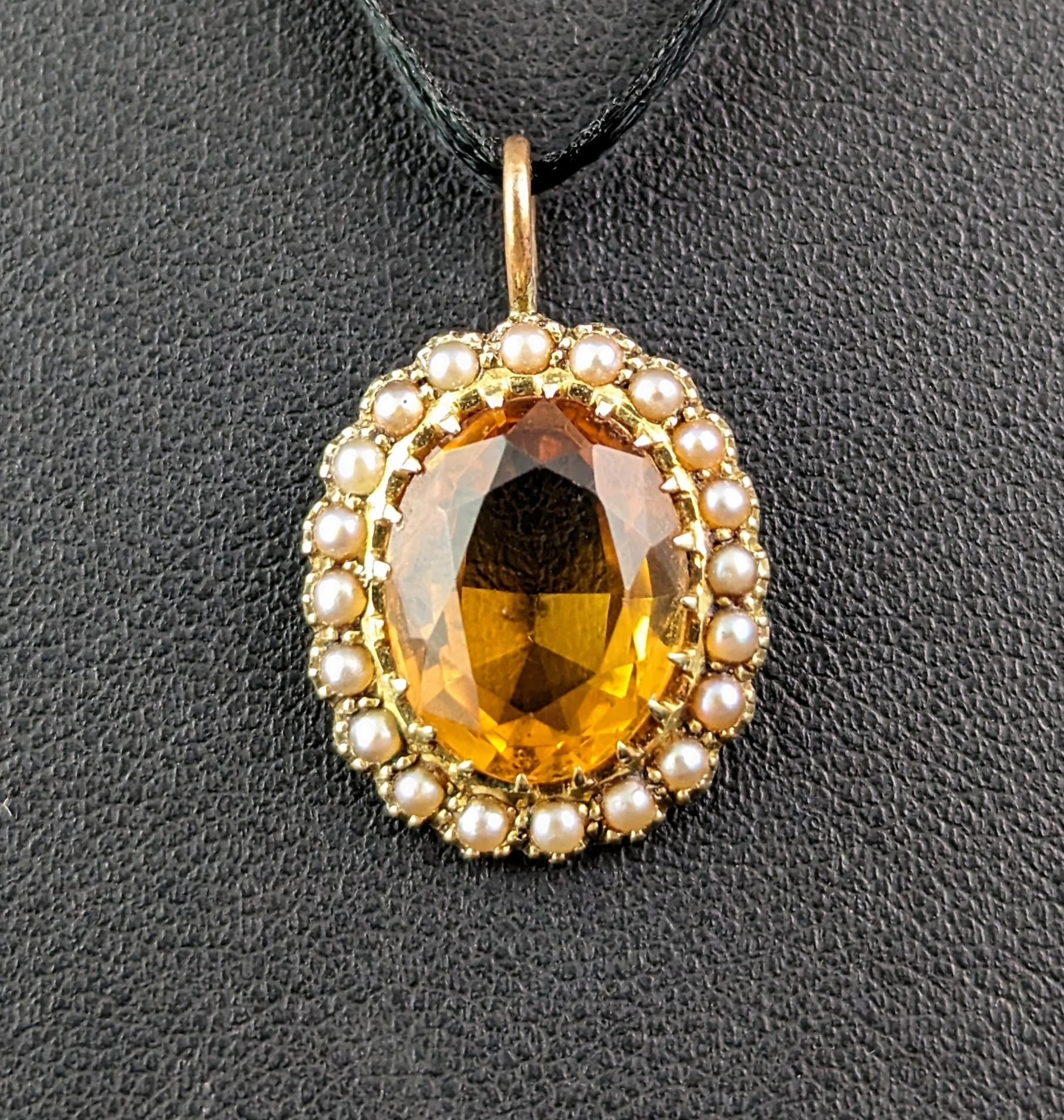Antique Citrine and pearl halo pendant, 15k yellow gold  7