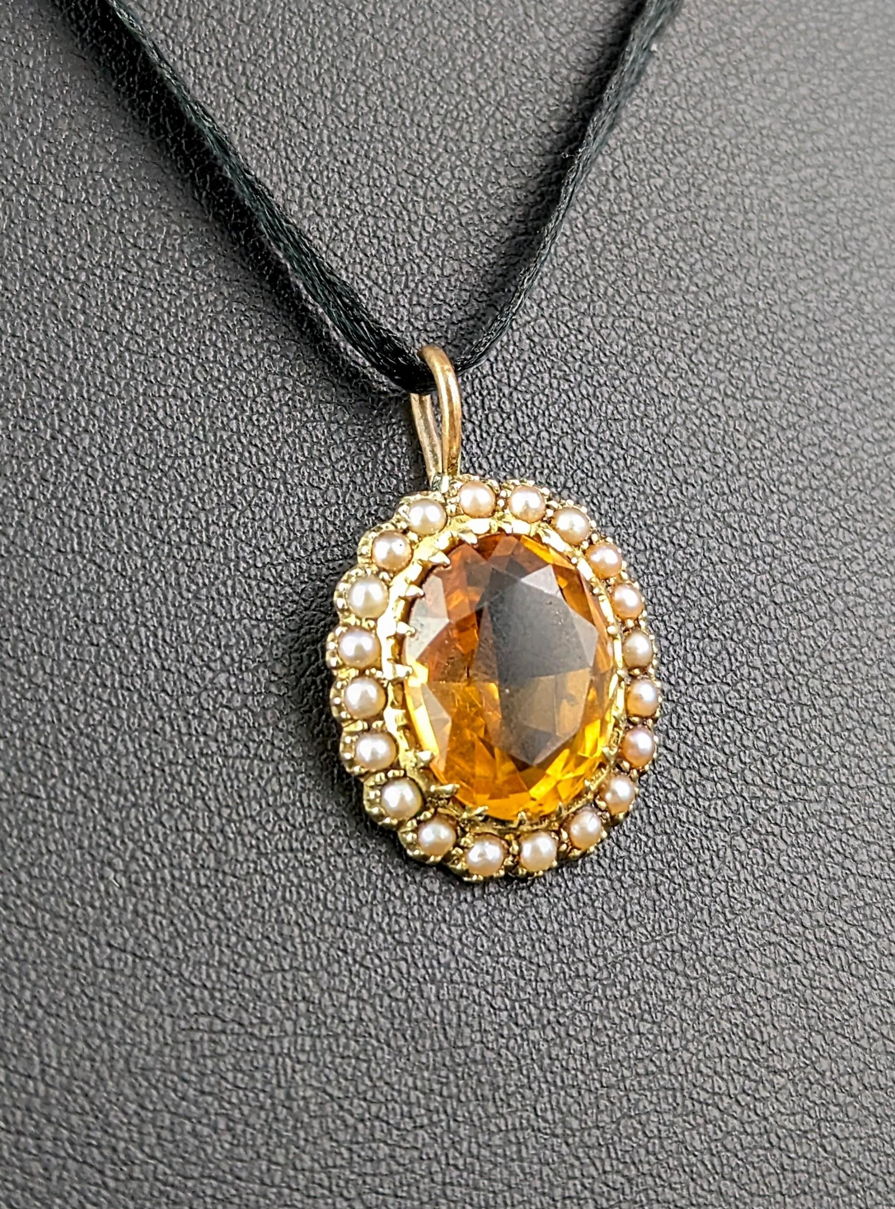 Victorian Antique Citrine and pearl halo pendant, 15k yellow gold 