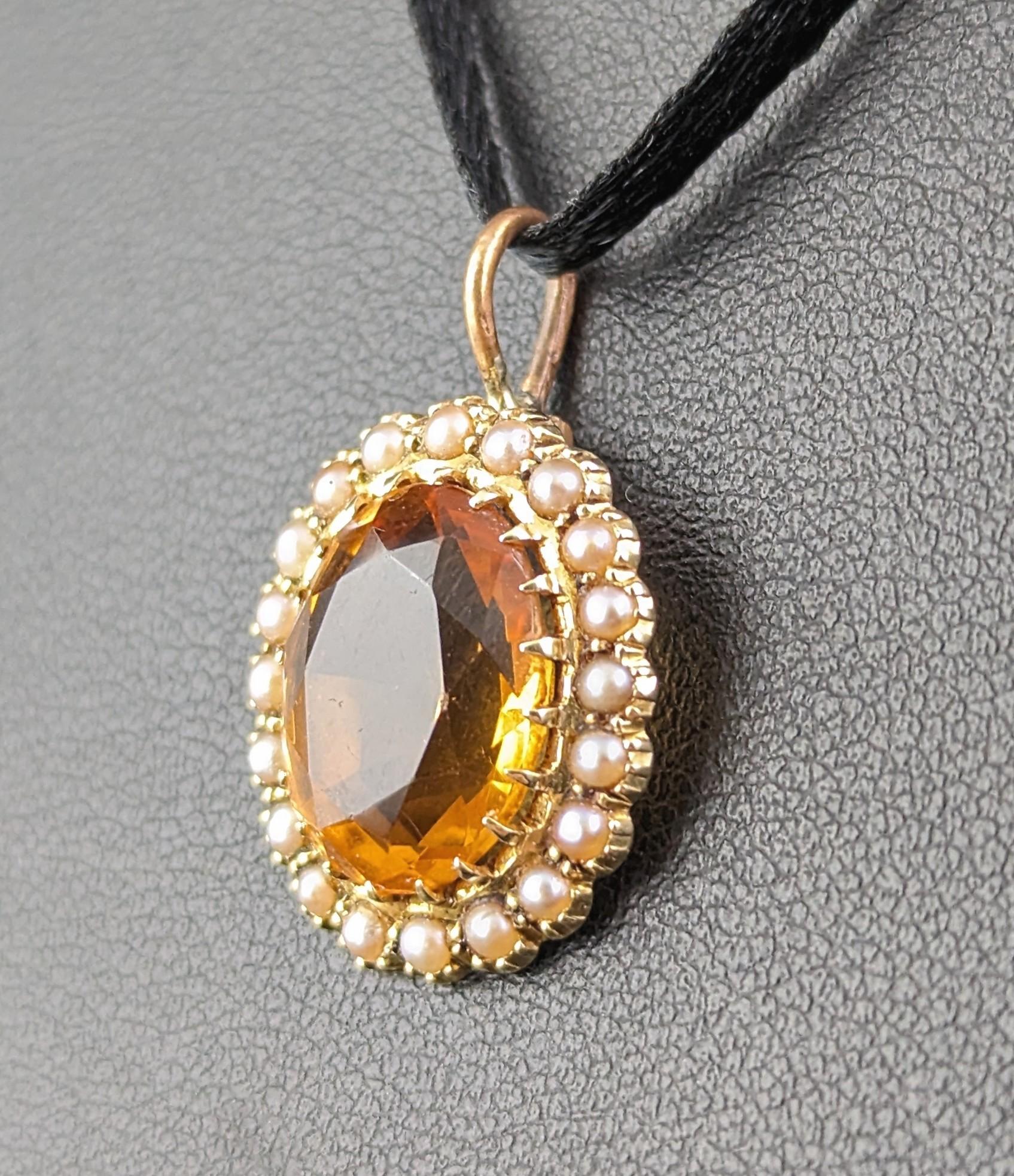Oval Cut Antique Citrine and pearl halo pendant, 15k yellow gold 