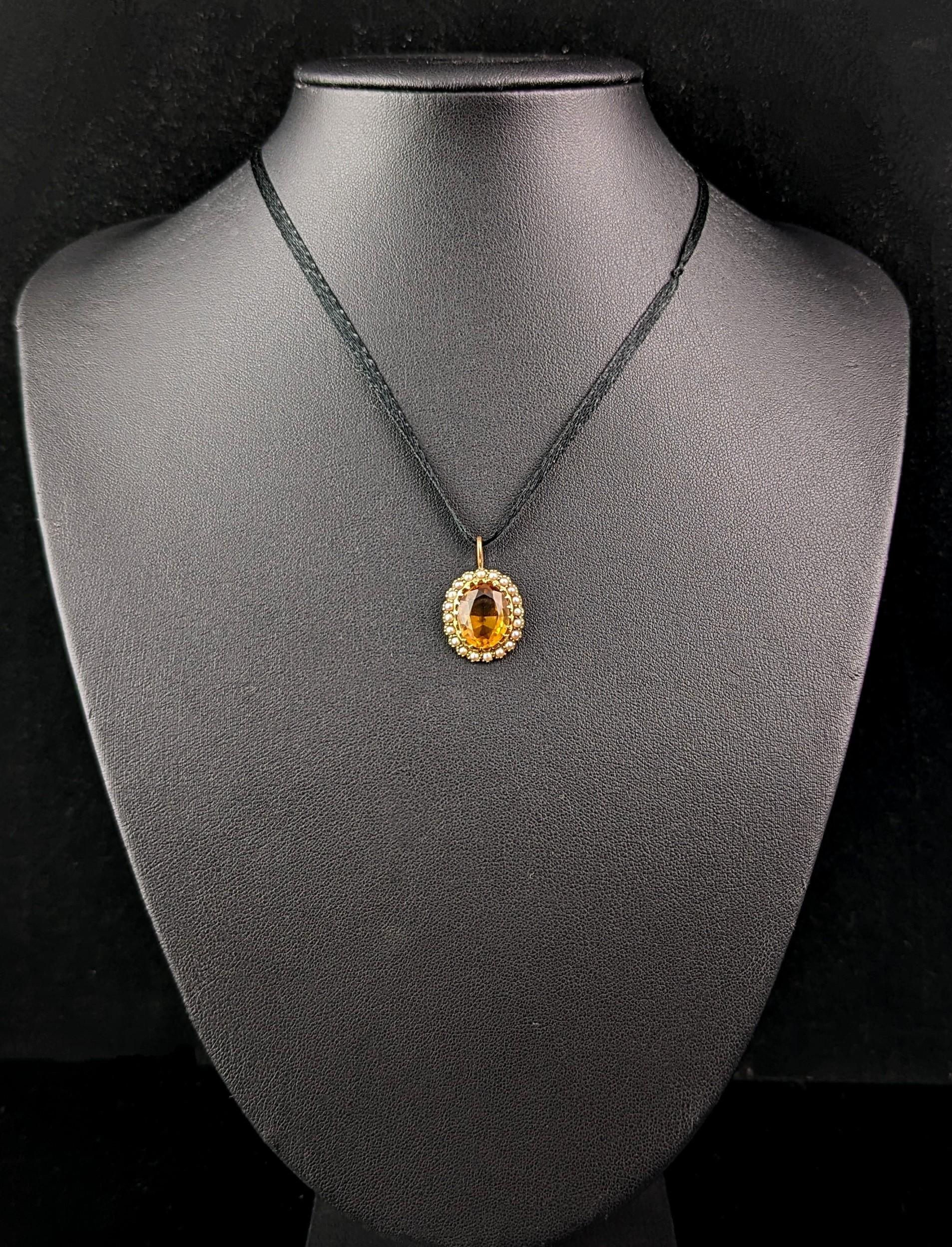 Women's Antique Citrine and pearl halo pendant, 15k yellow gold 
