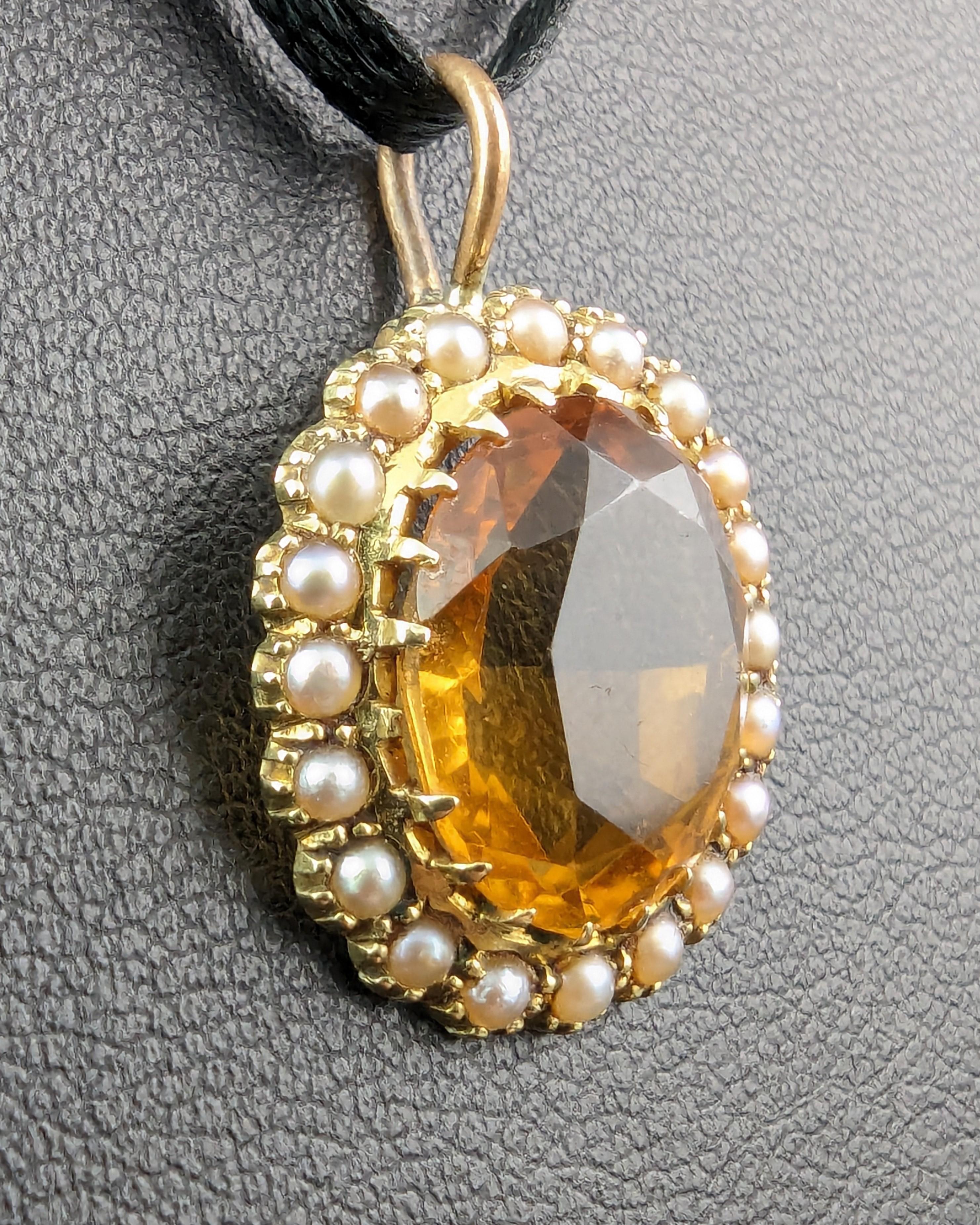 Antique Citrine and pearl halo pendant, 15k yellow gold  3