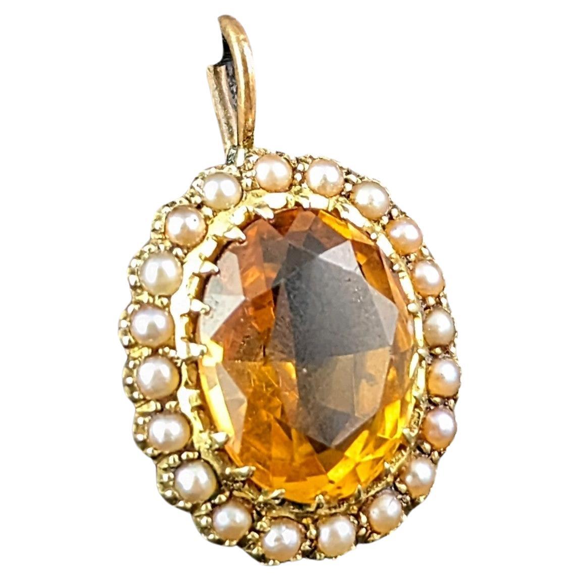 Antique Citrine and pearl halo pendant, 15k yellow gold 