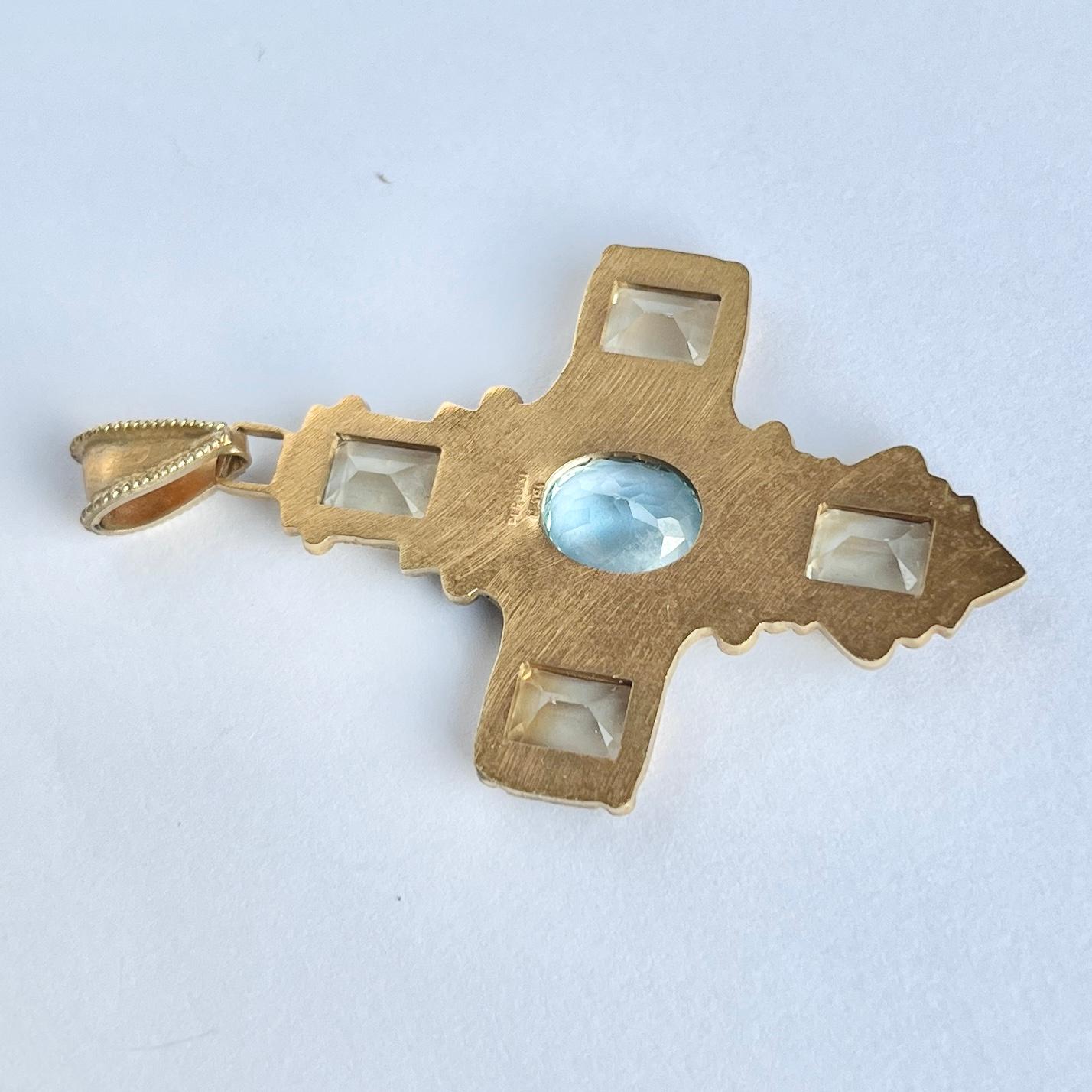 Edwardian Antique Citrine, Blue Stone and Seed Pearls Pinchbeck Cross Pendant 