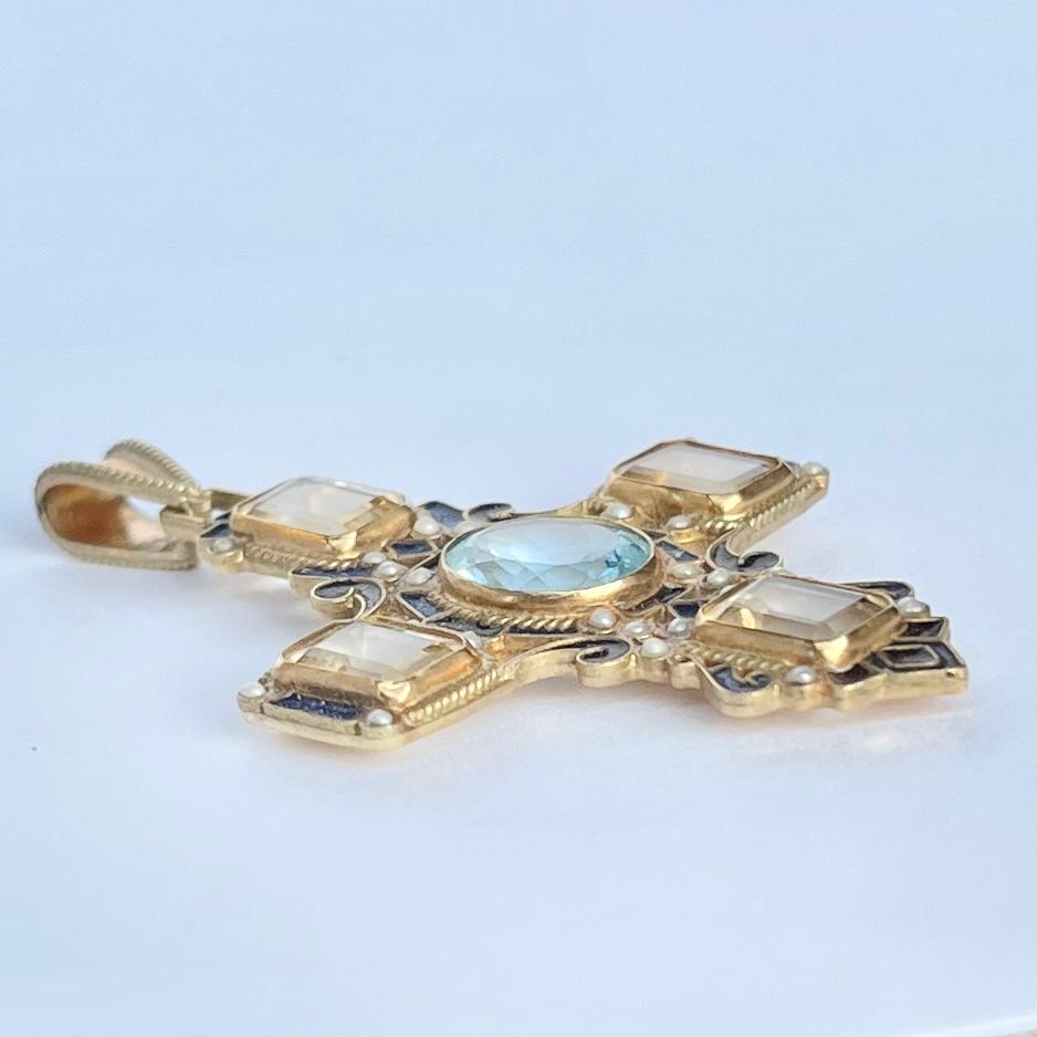 Uncut Antique Citrine, Blue Stone and Seed Pearls Pinchbeck Cross Pendant 
