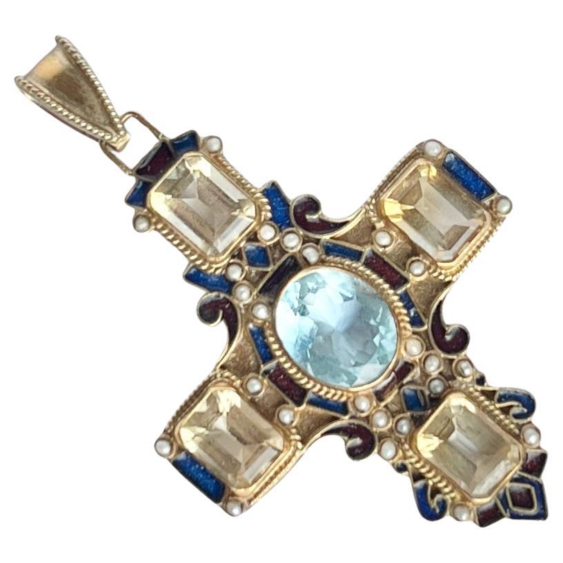 Antique Citrine, Blue Stone and Seed Pearls Pinchbeck Cross Pendant